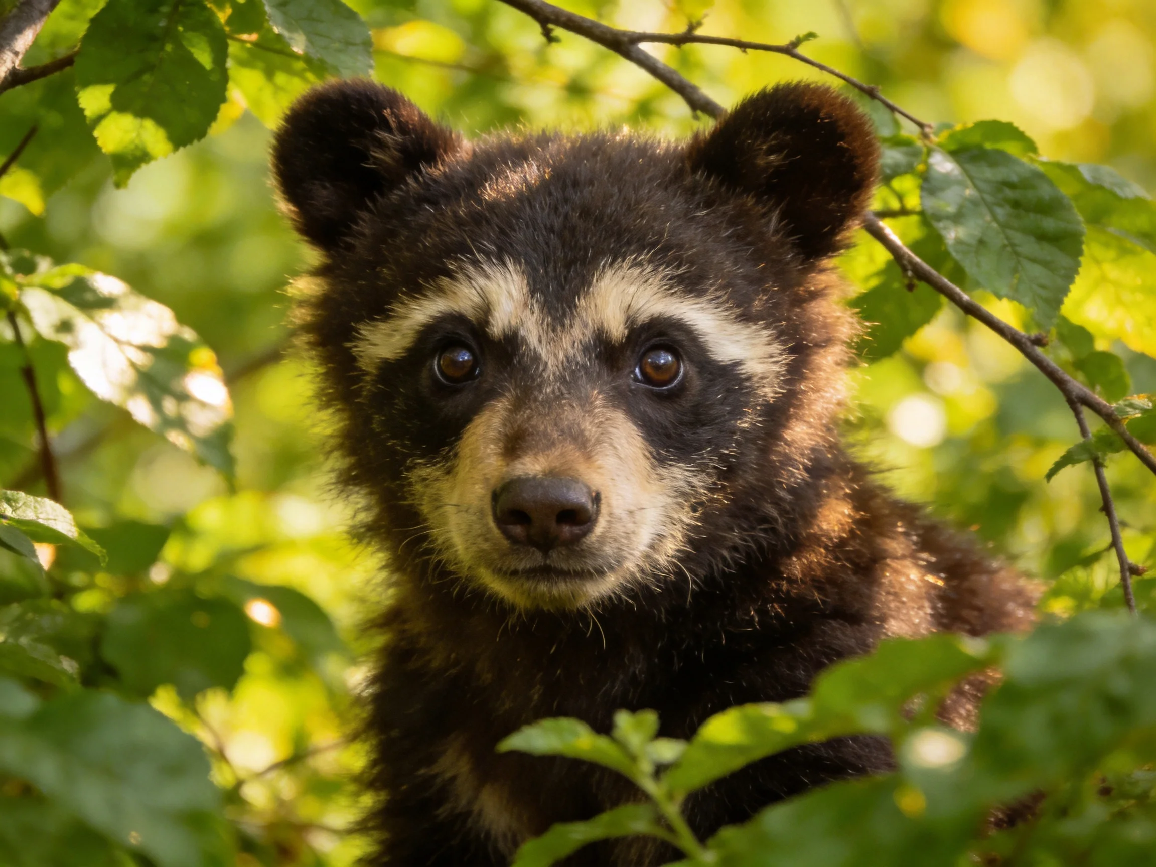 A young black bear cub amidst lush green foliage
