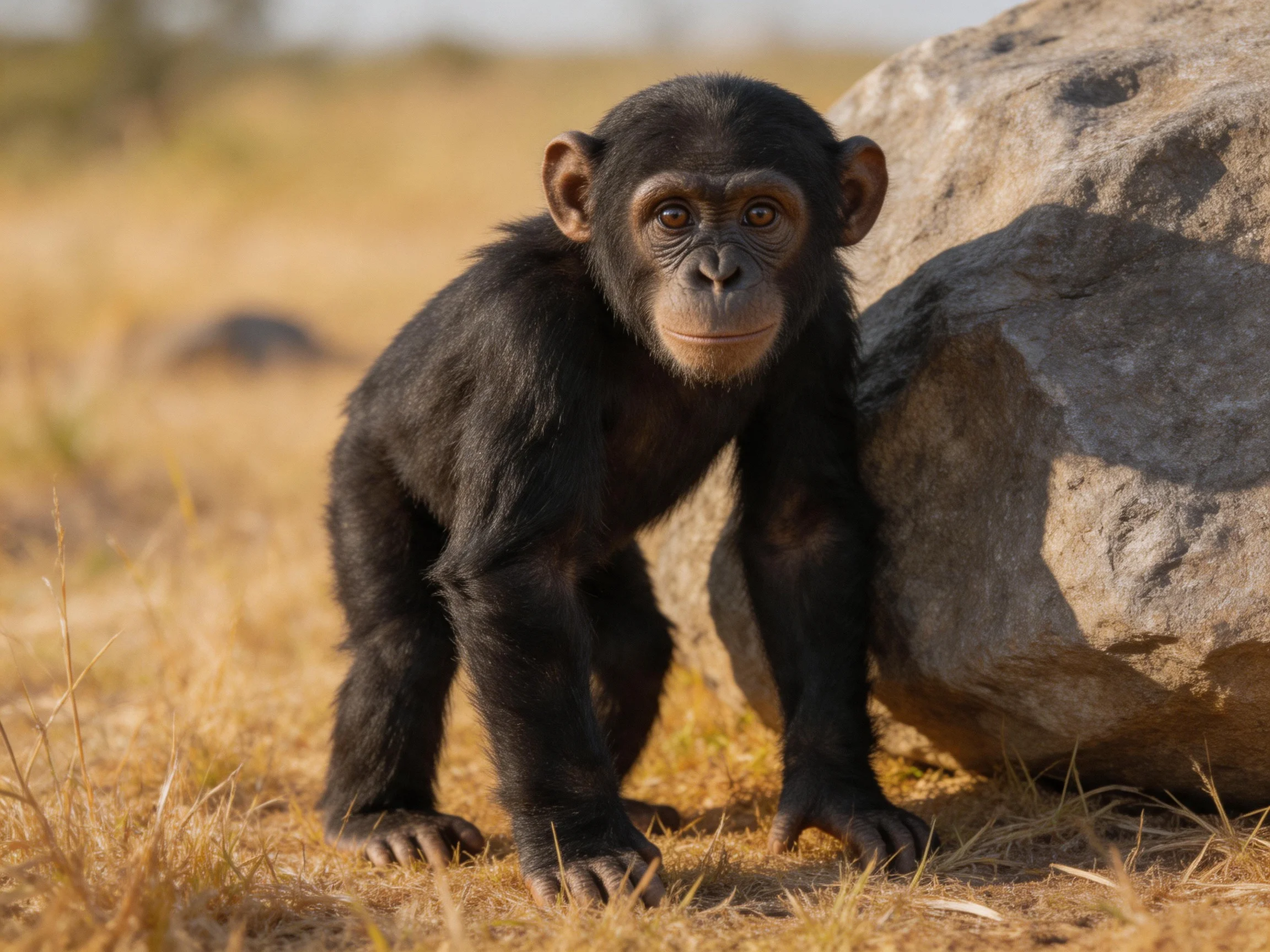 A young black chimpanzee near a large gray boulder in a dry savannah