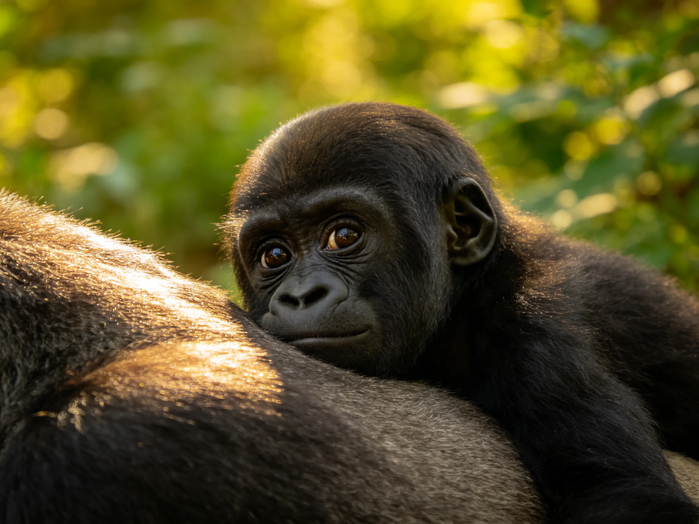 A young black-furred gorilla rests against an adult gorilla amid lush greenery