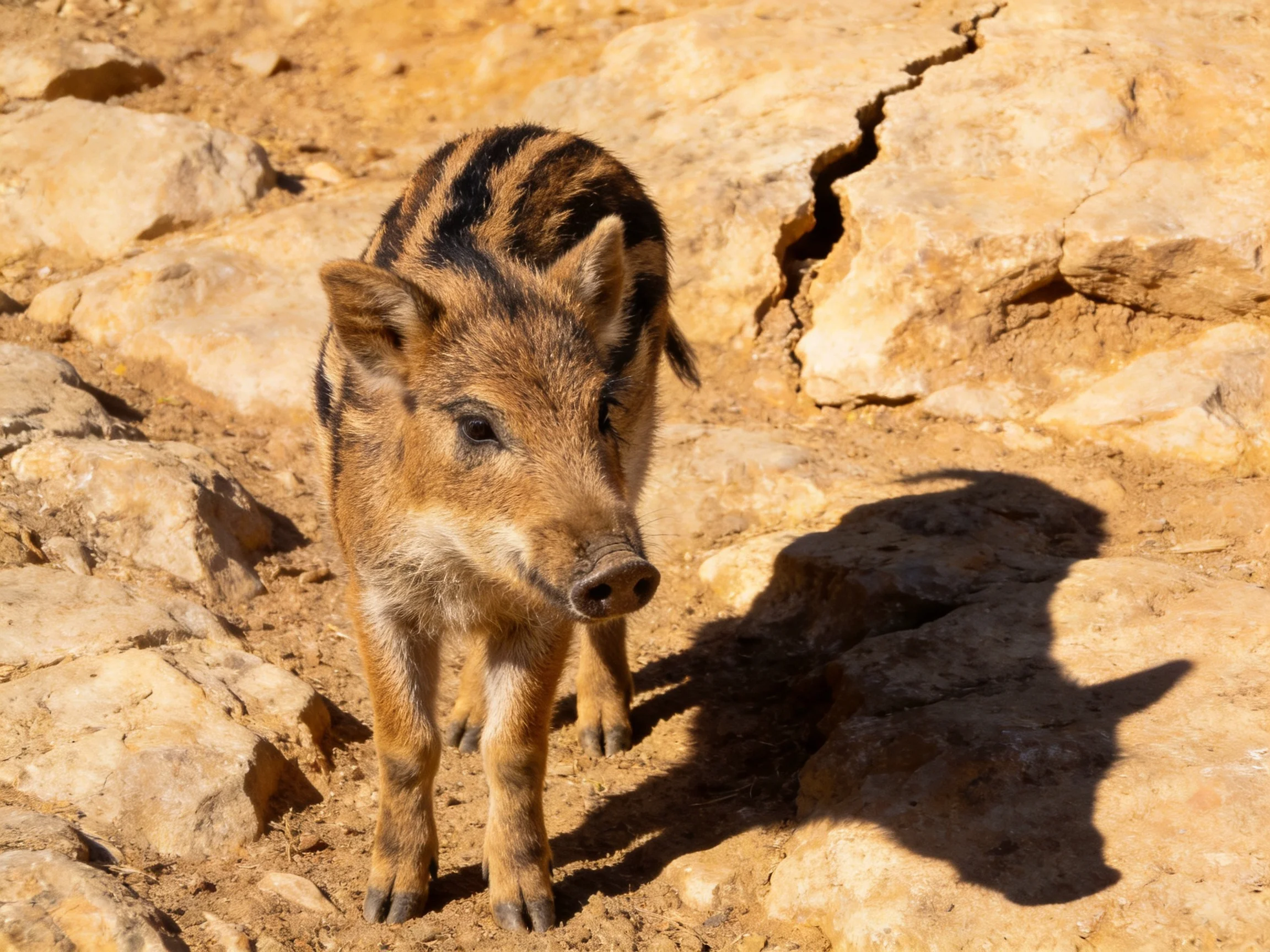 A young boar with brown and black stripes on rocky terrain