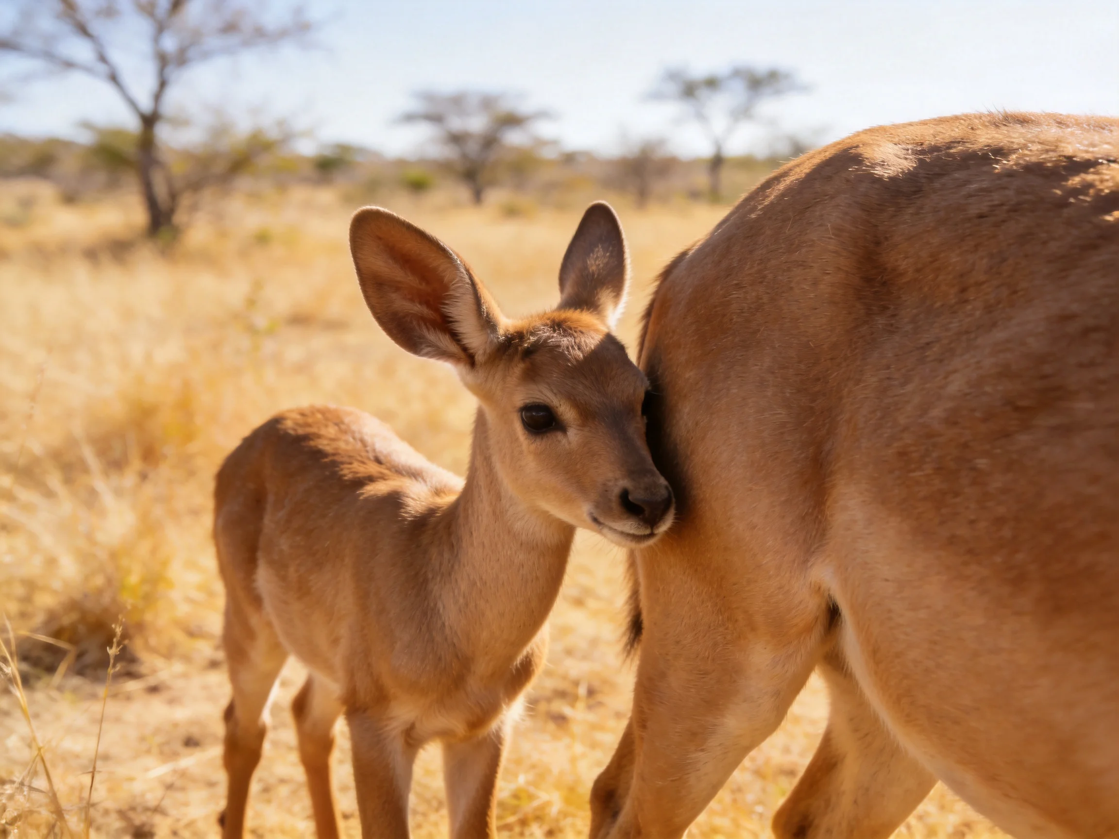 A young brown antelope nuzzles an adult in golden savannah grass