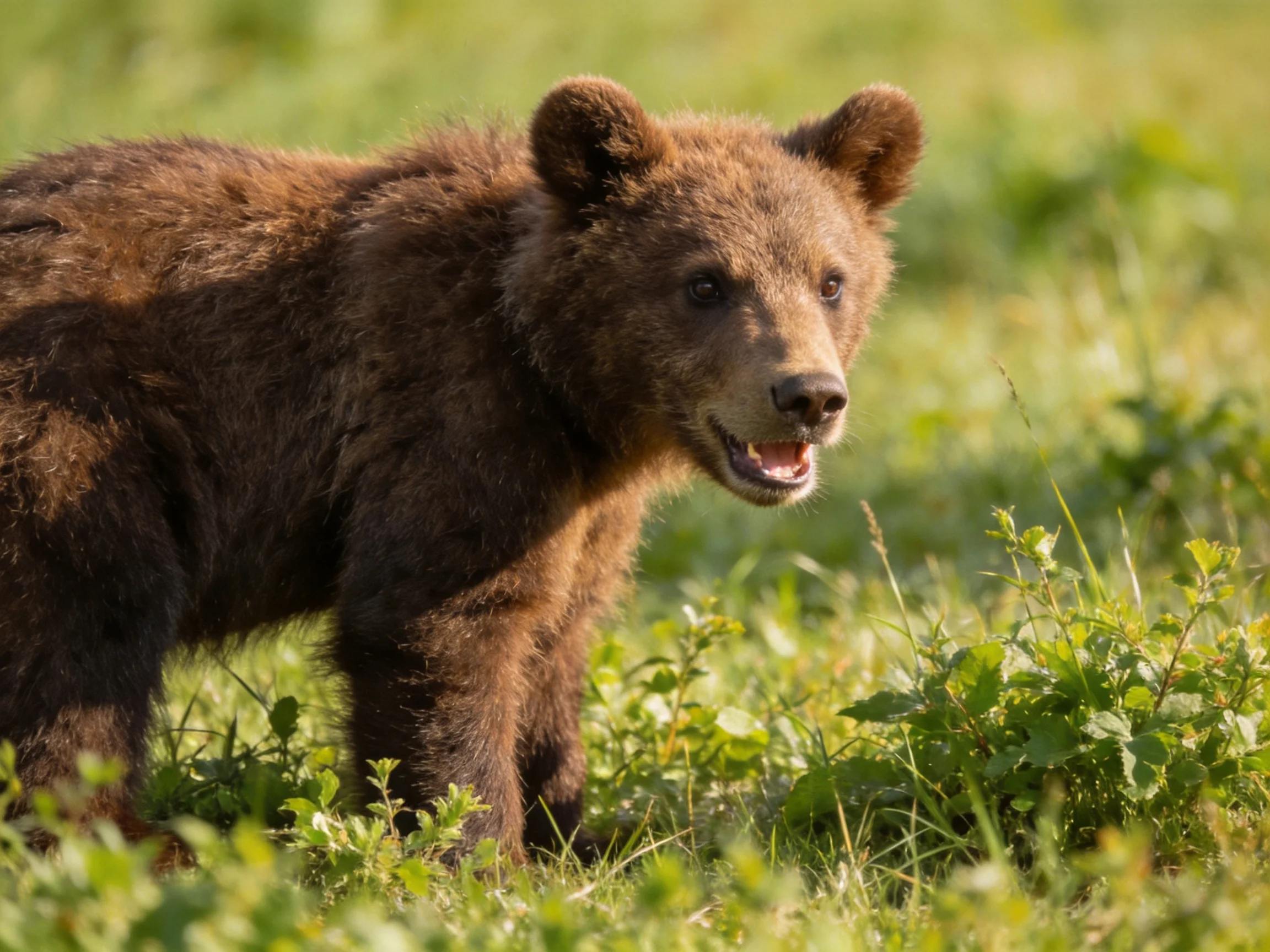 A young brown bear cub explores lush green meadow vegetation