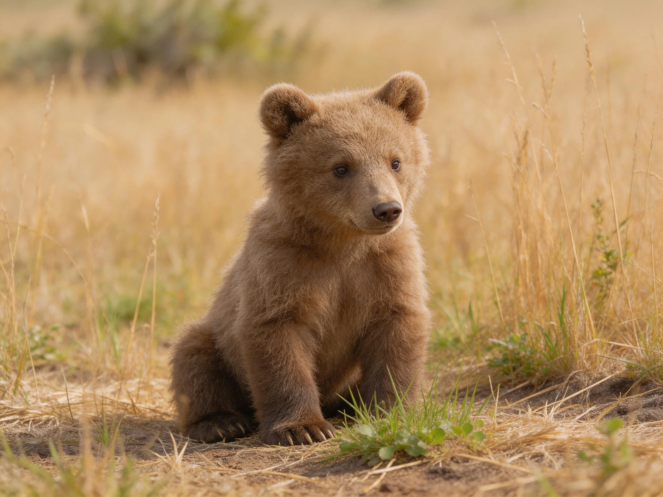 A young brown bear cub sits amid tall golden grasses