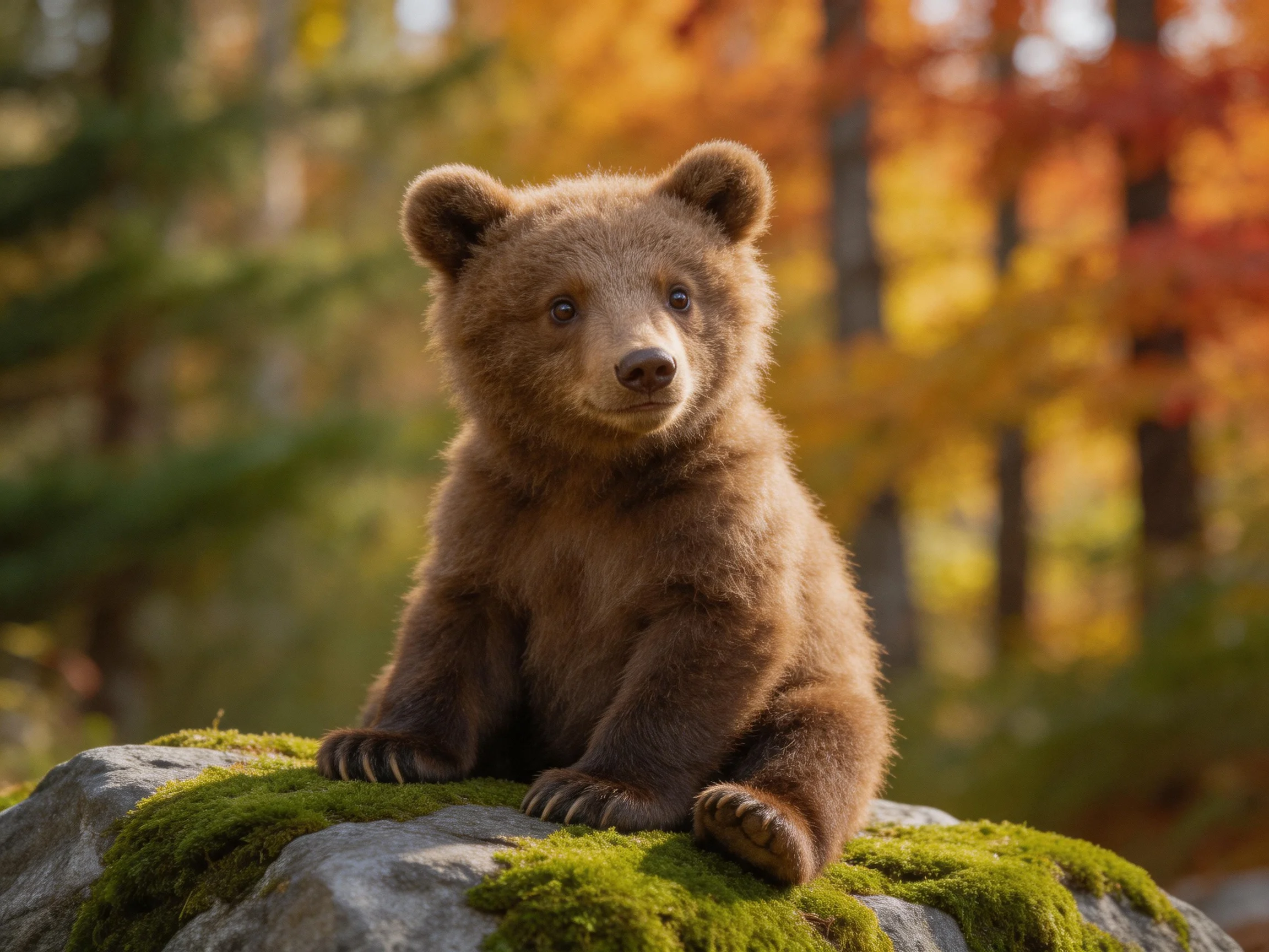 A young brown bear cub sits on a moss-covered rock amid autumn forest