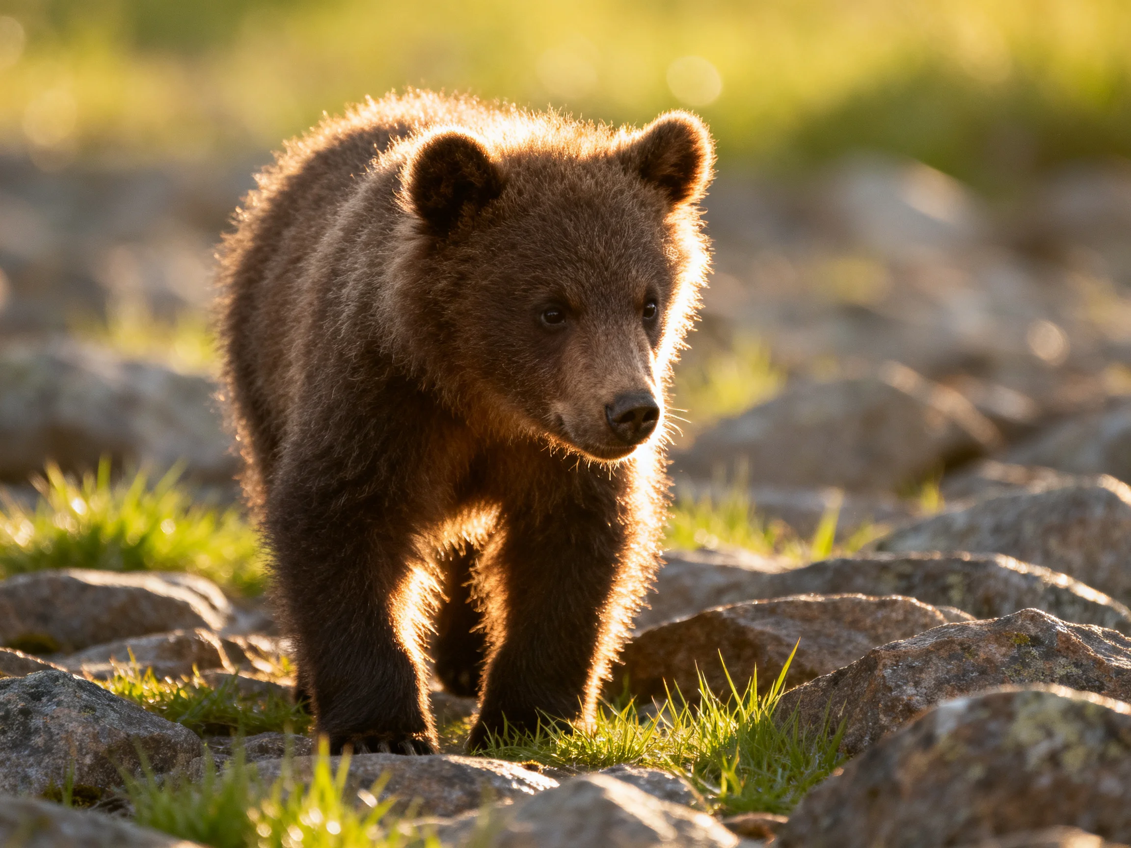 A young brown bear cub walking on rocky ground with green patches