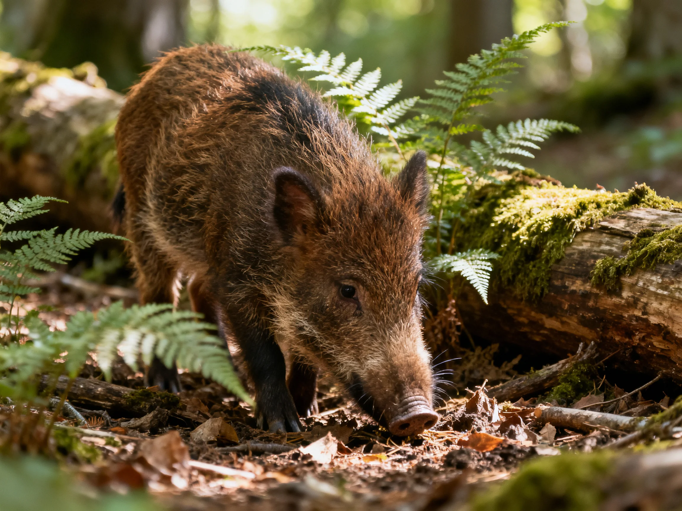 A young brown boar forages near mossy logs and ferns