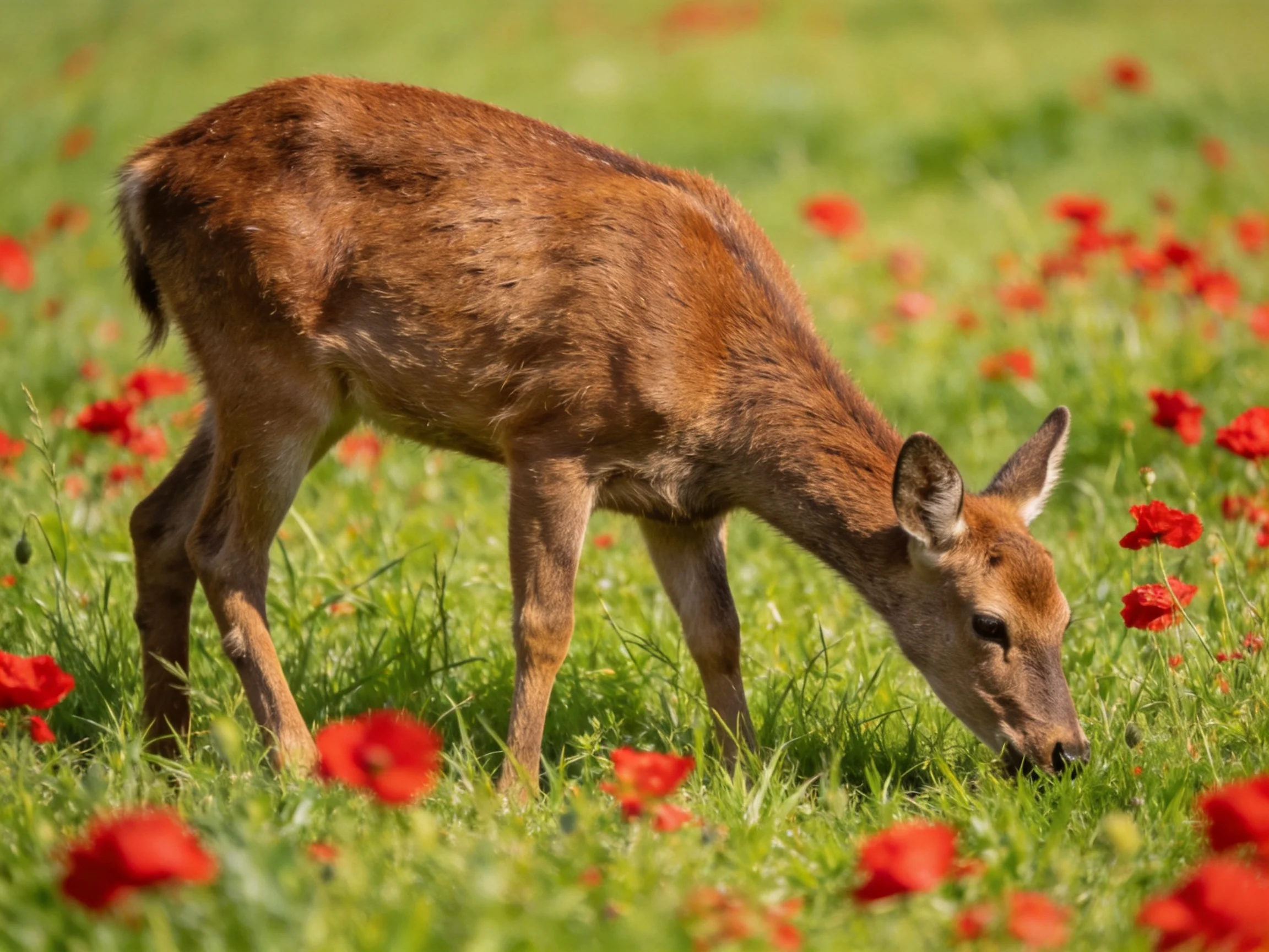 A young brown deer grazing among vibrant red poppies in a lush meadow