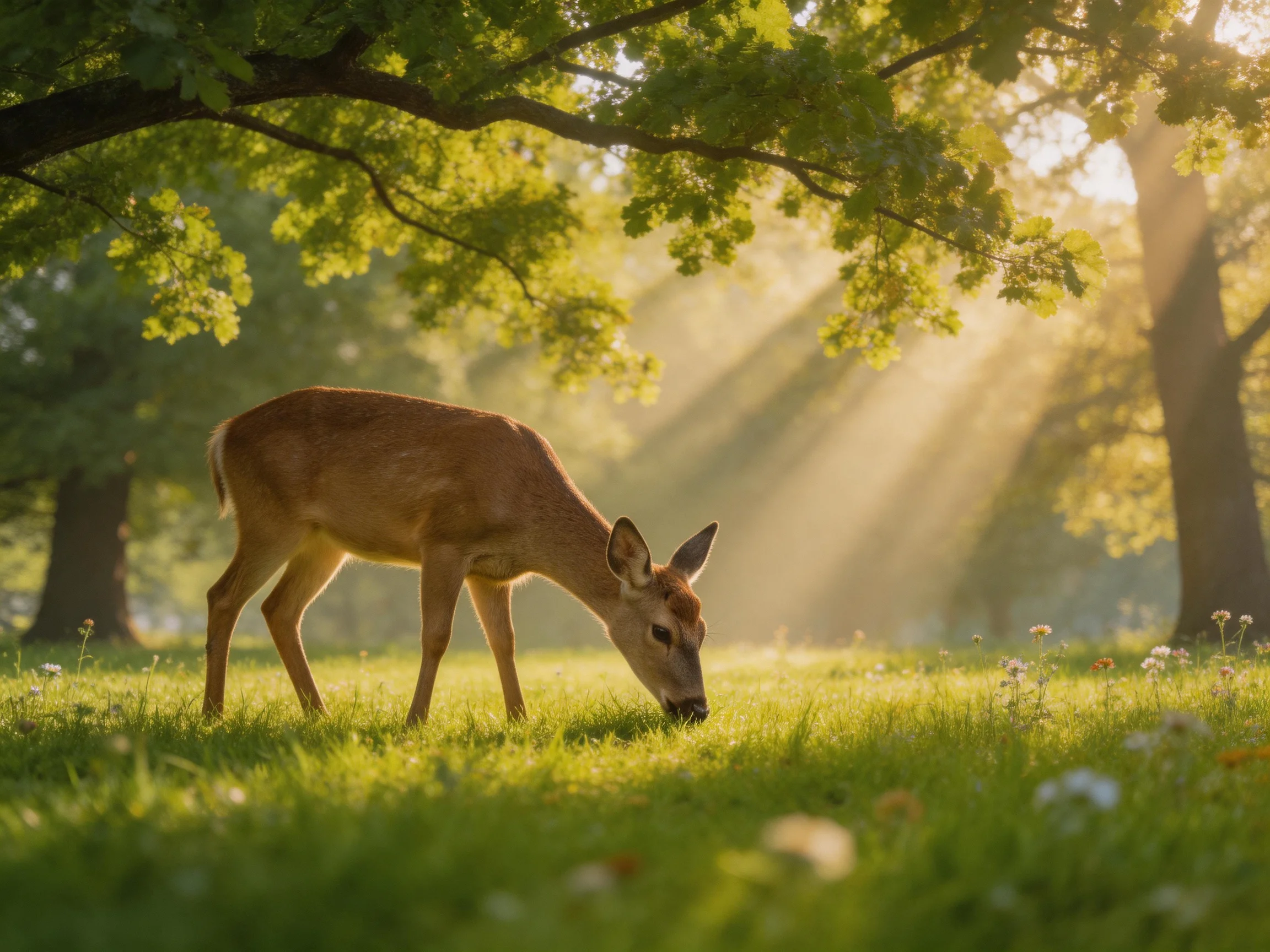 A young brown deer grazing in a sun-dappled forest meadow