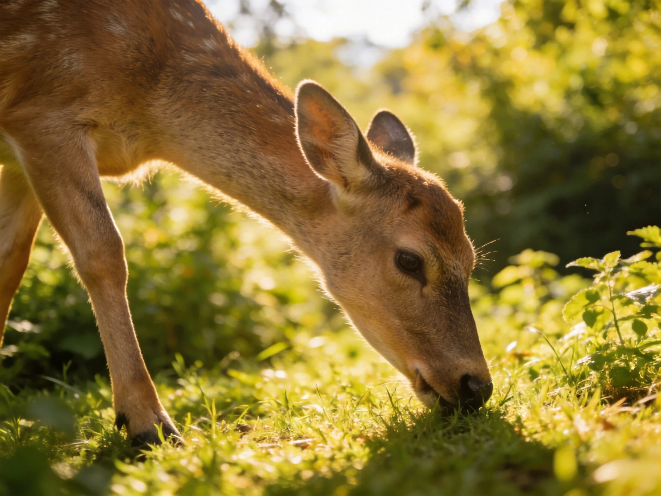 A young deer grazes among green plants in a sunlit area.