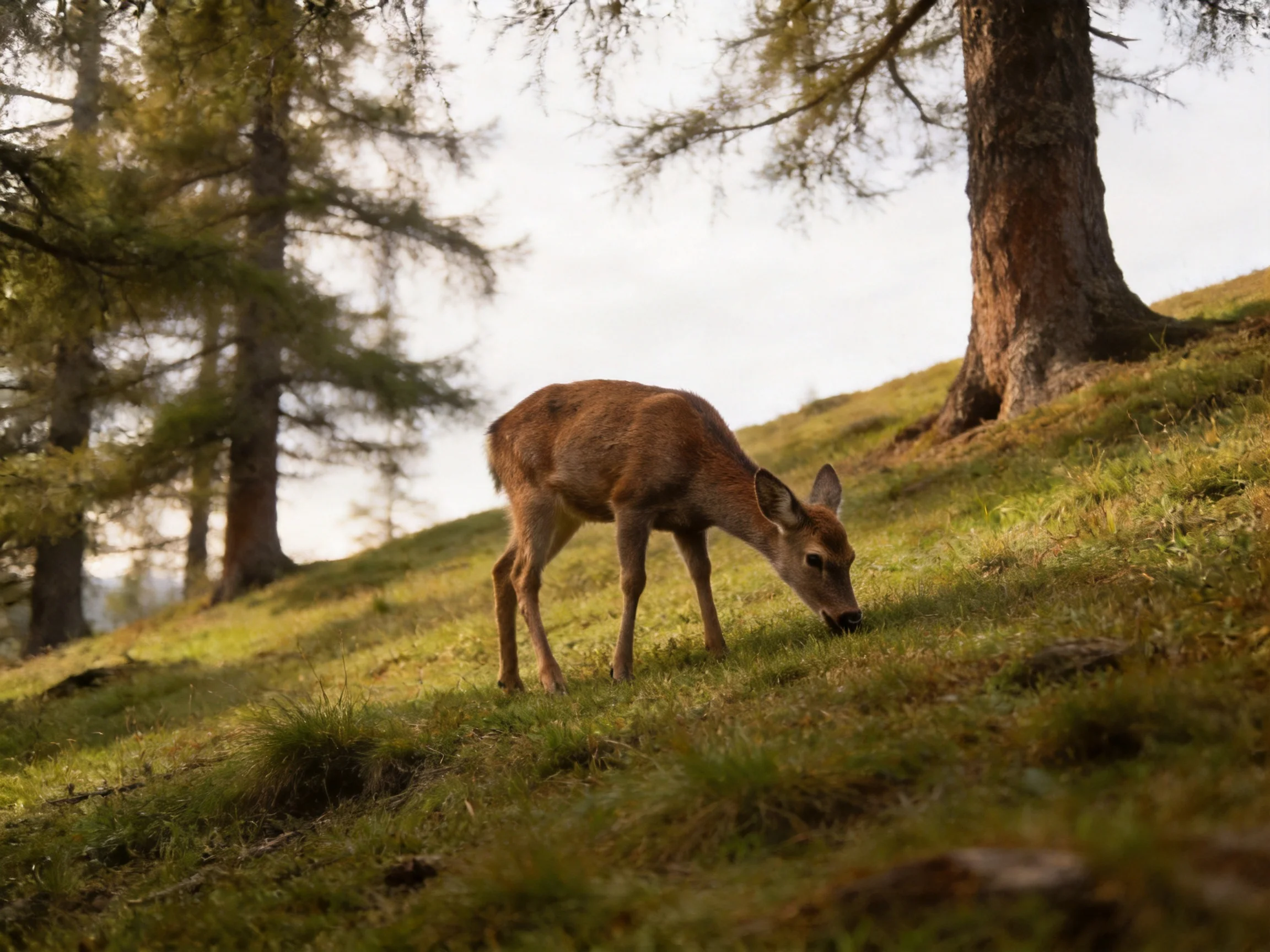 A young brown deer grazes on a grassy hillside near tall trees