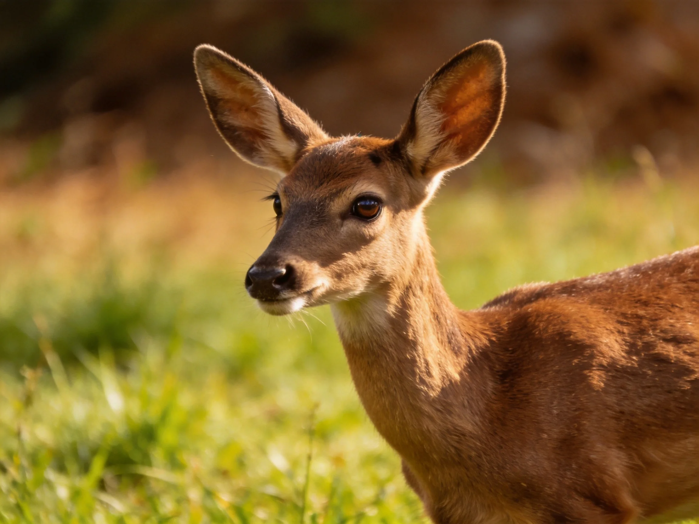 A young brown deer stands alert in a sunlit meadow.