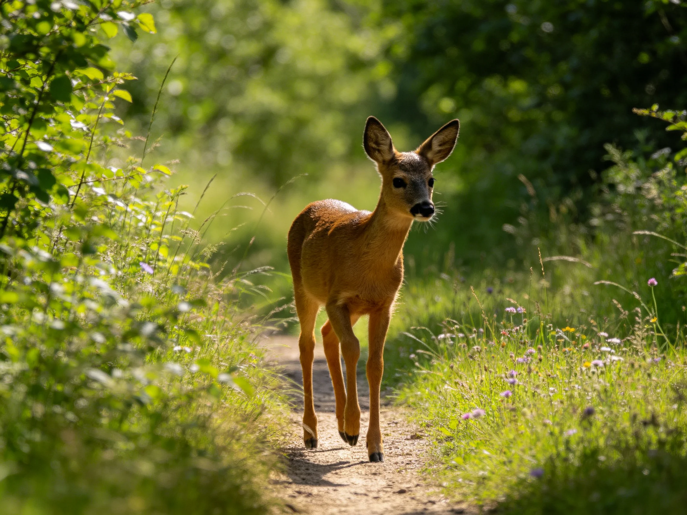 A young deer walks on a sunlit forest path surrounded by greenery.