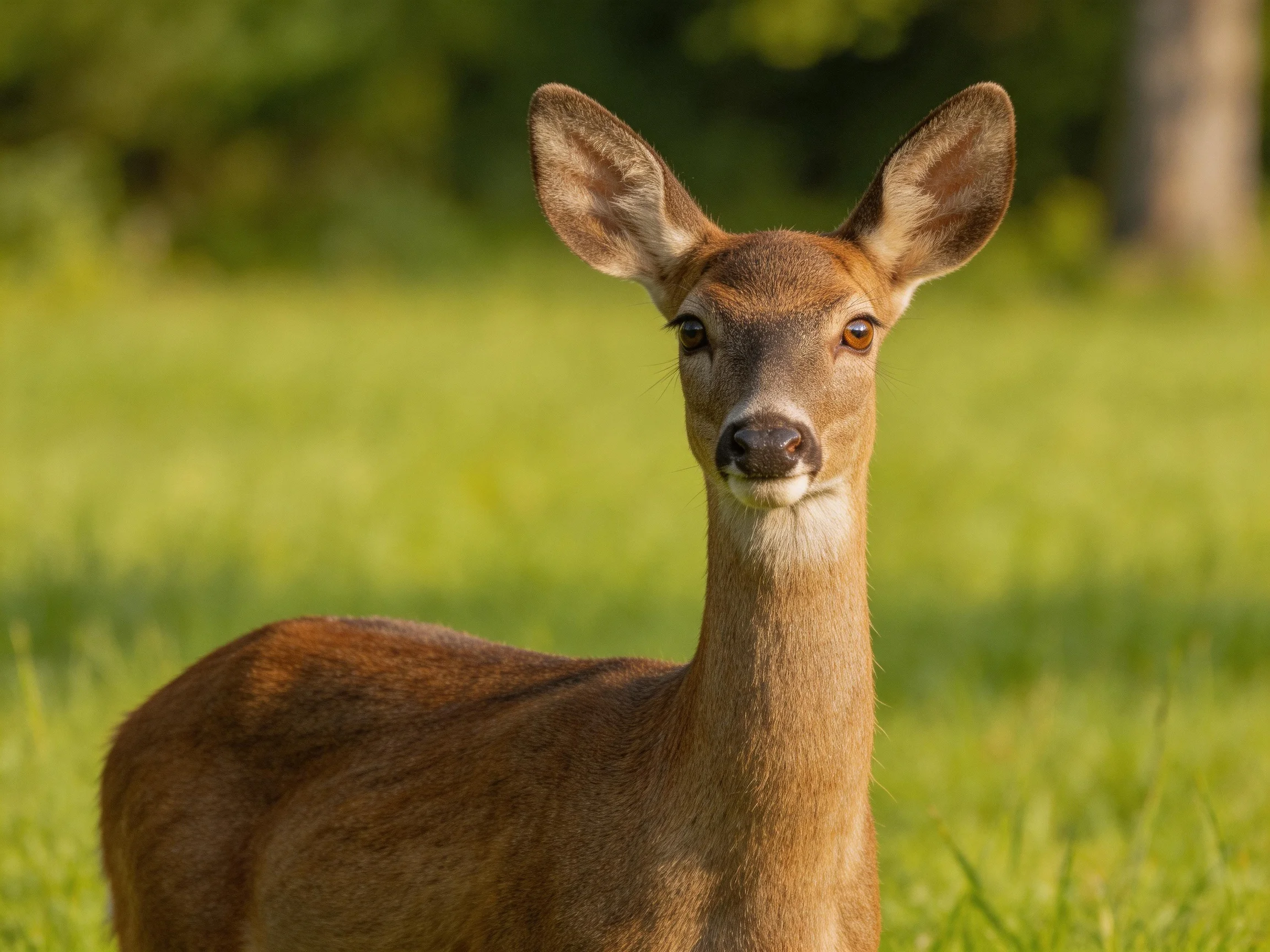 A young brown deer stands alert in a sunlit green meadow