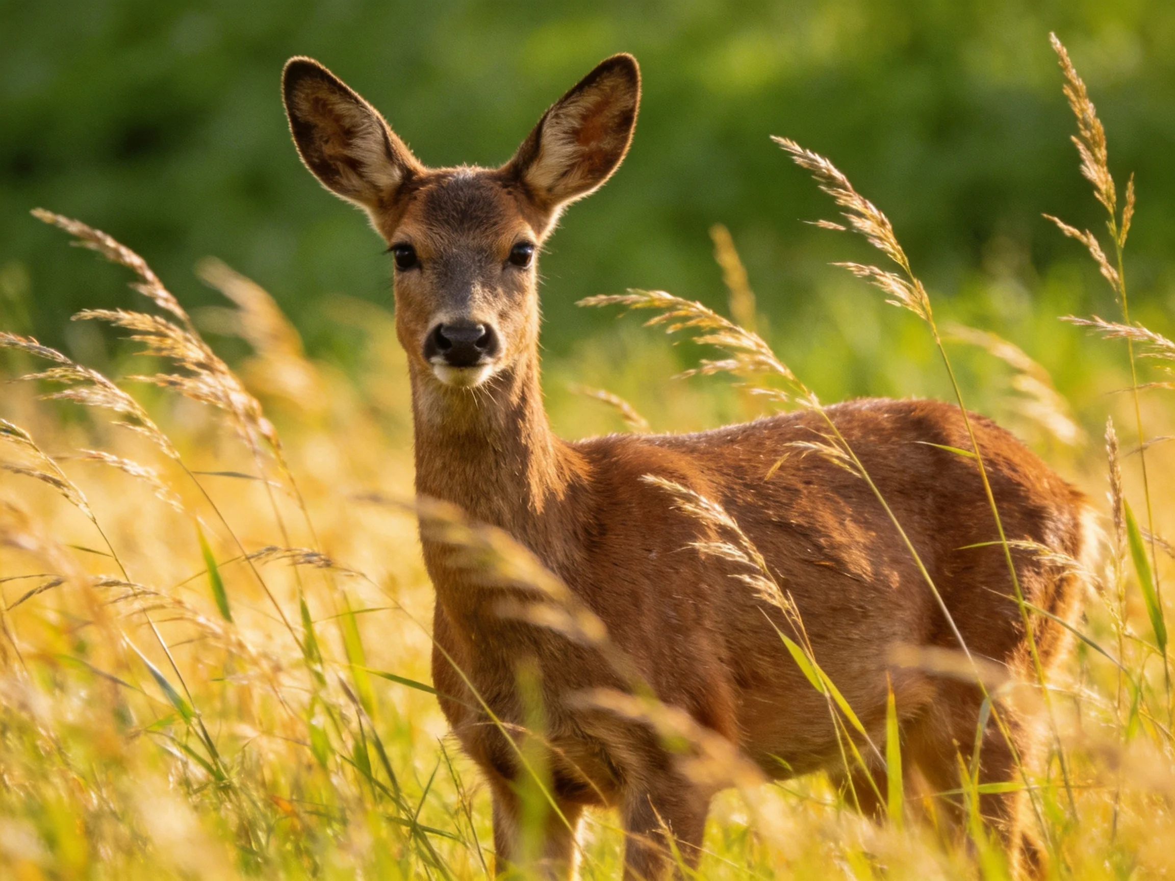 A young deer stands among tall grass in a sunlit meadow.