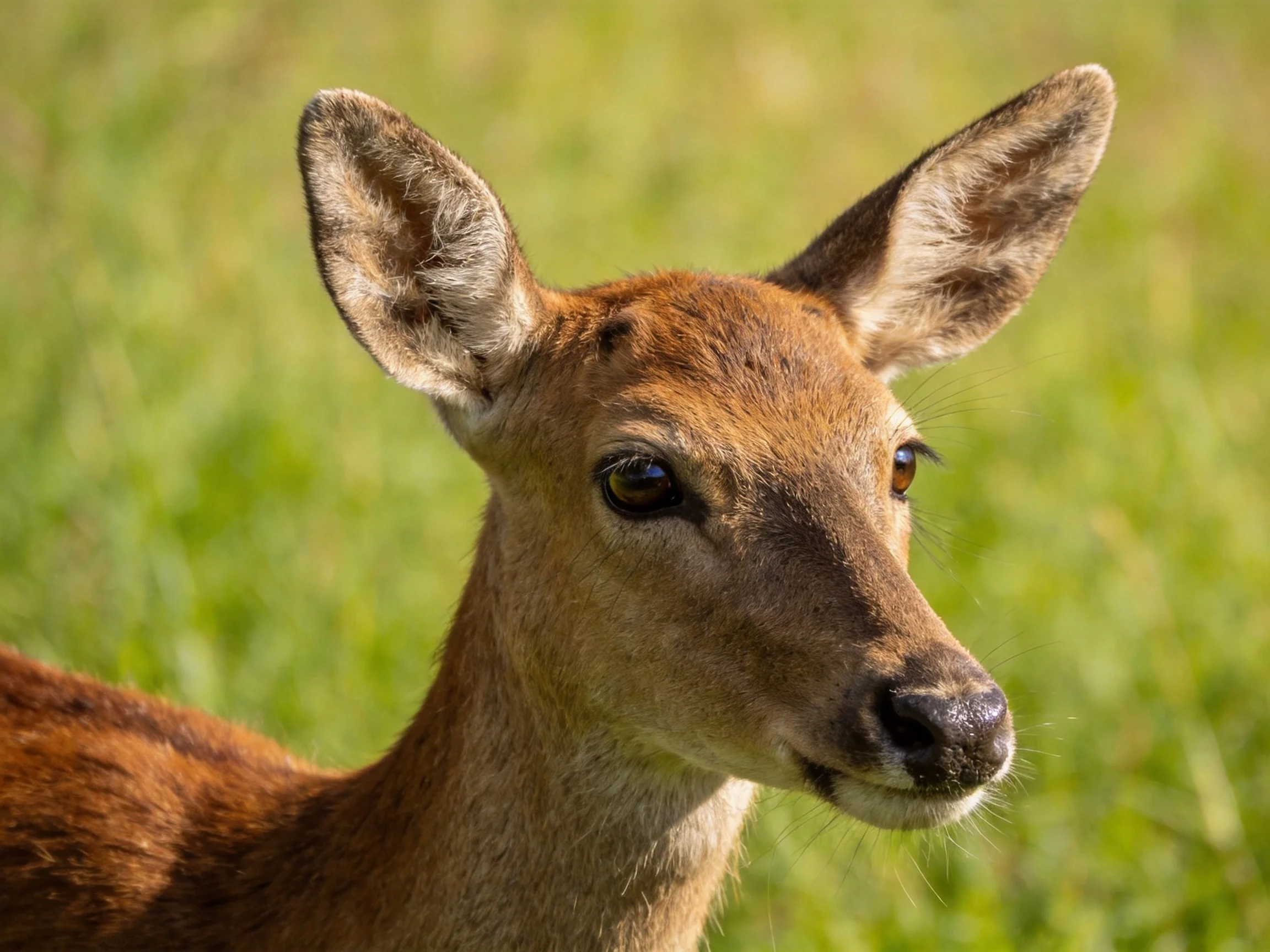 A young brown deer with large ears in a green meadow