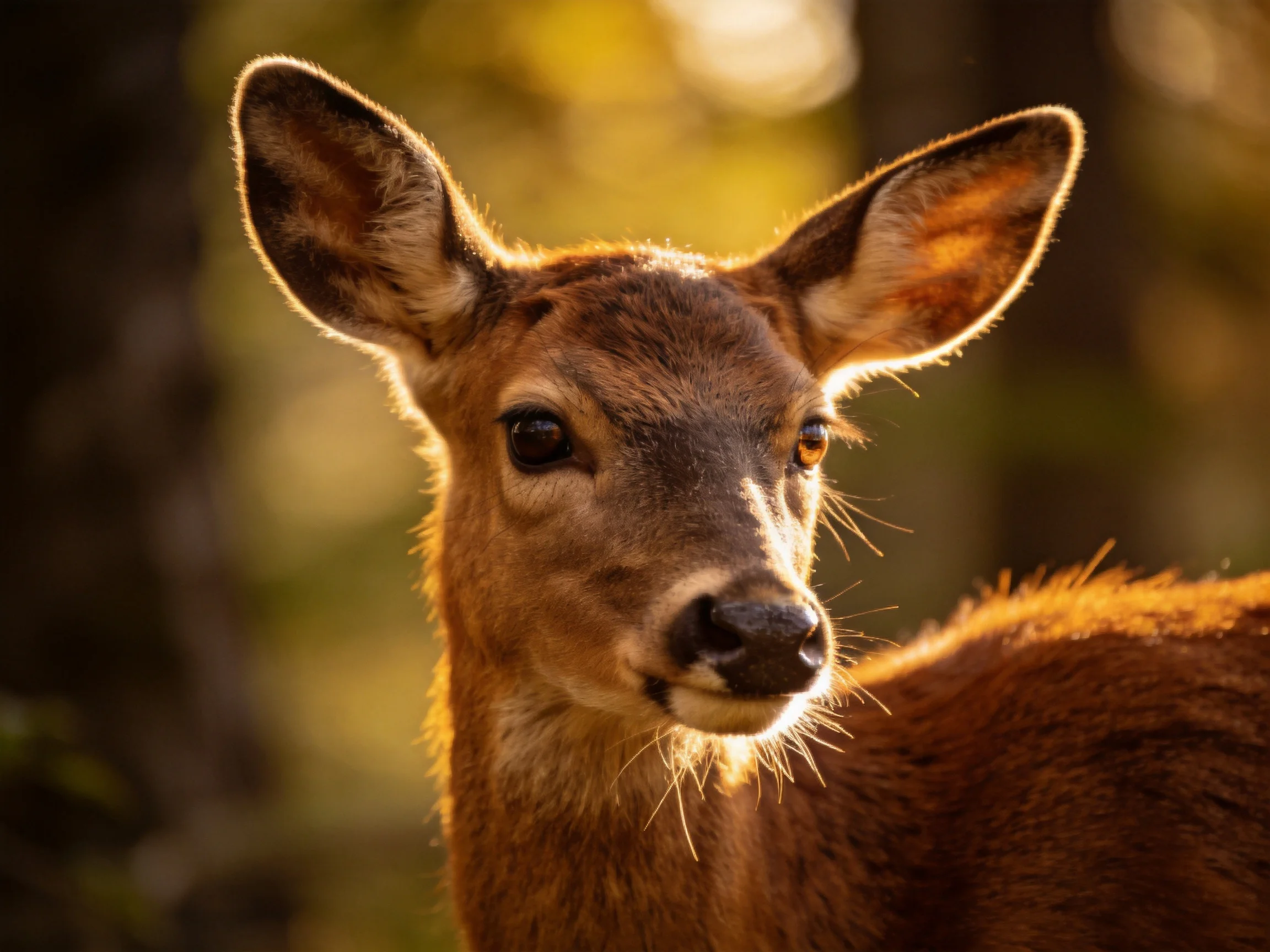 A young brown deer with large ears in a sunlit forest