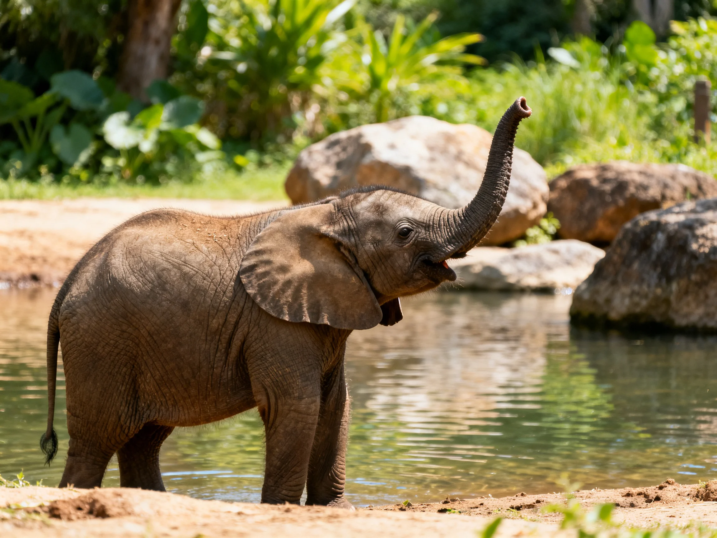 A young brown elephant by calm water with large rocks and greenery