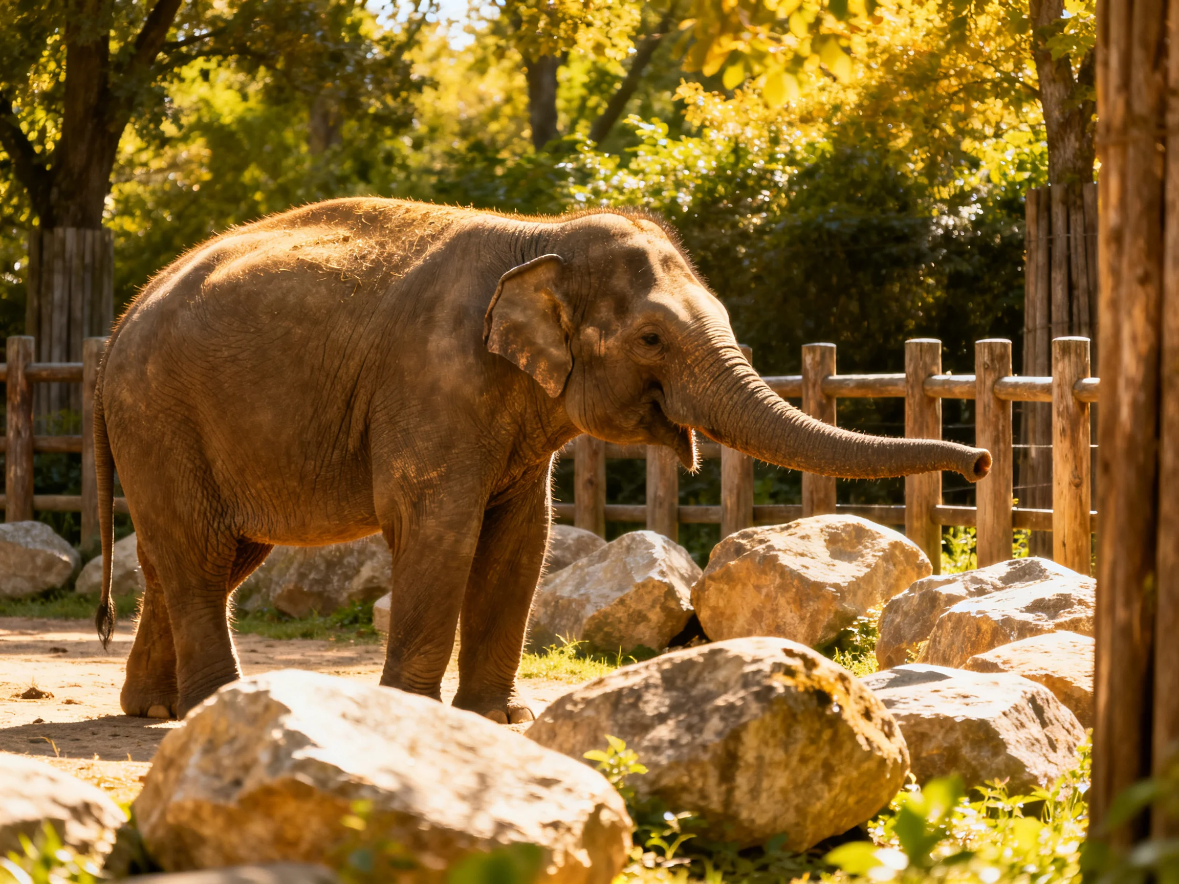 A young brown elephant near large rocks and a wooden fence