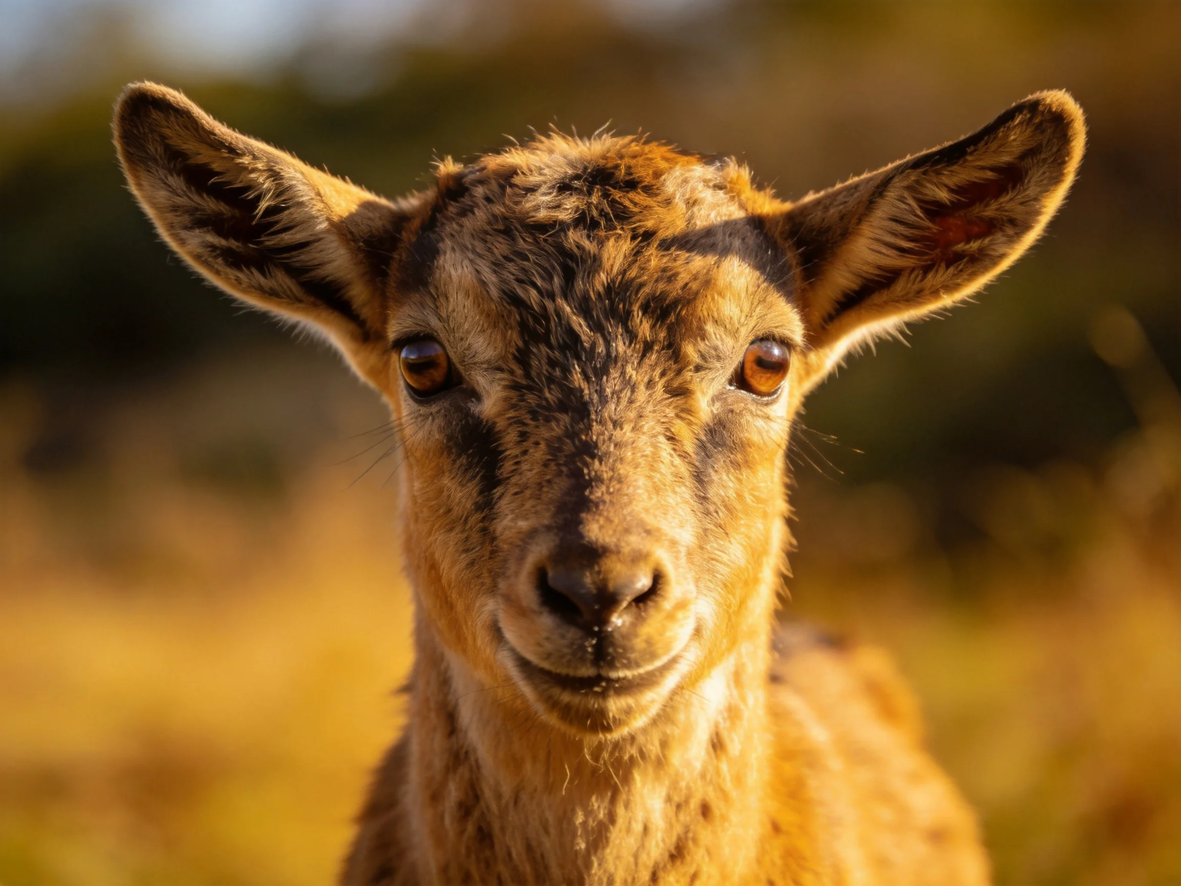 A young brown goat with largeears in a sunlit field