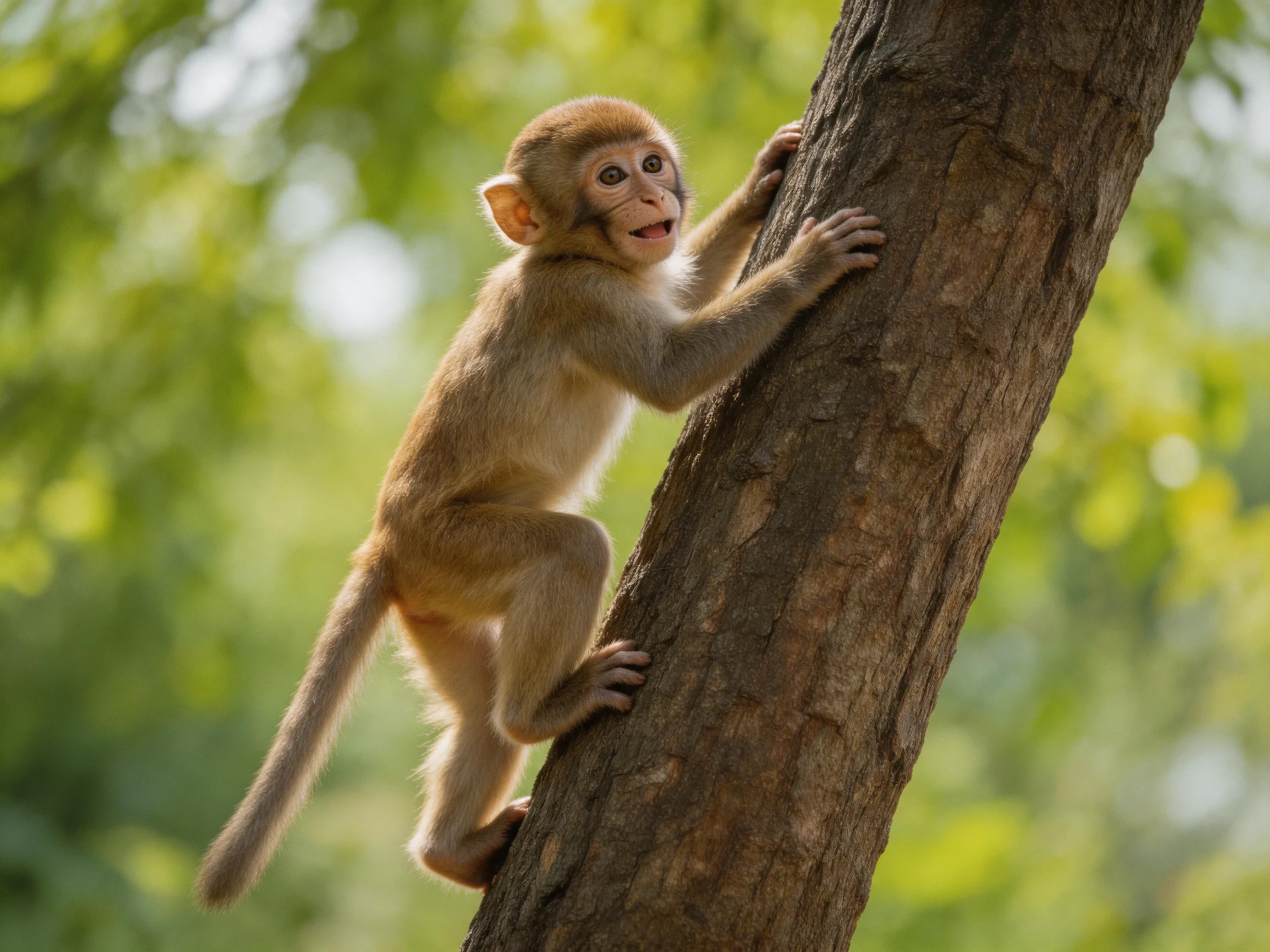 A young brown monkey climbs a textured tree trunk amid green foliage
