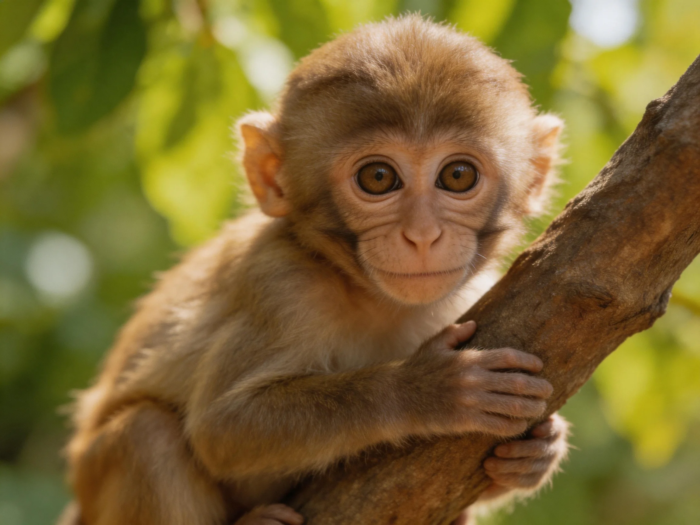 A young brown monkey clings to a tree branch amid lush green foliage