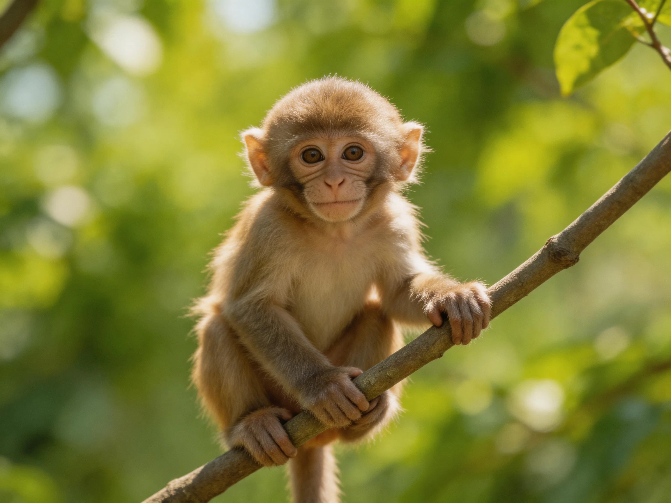 A young brown monkey clings to a tree branch amid lush greenery