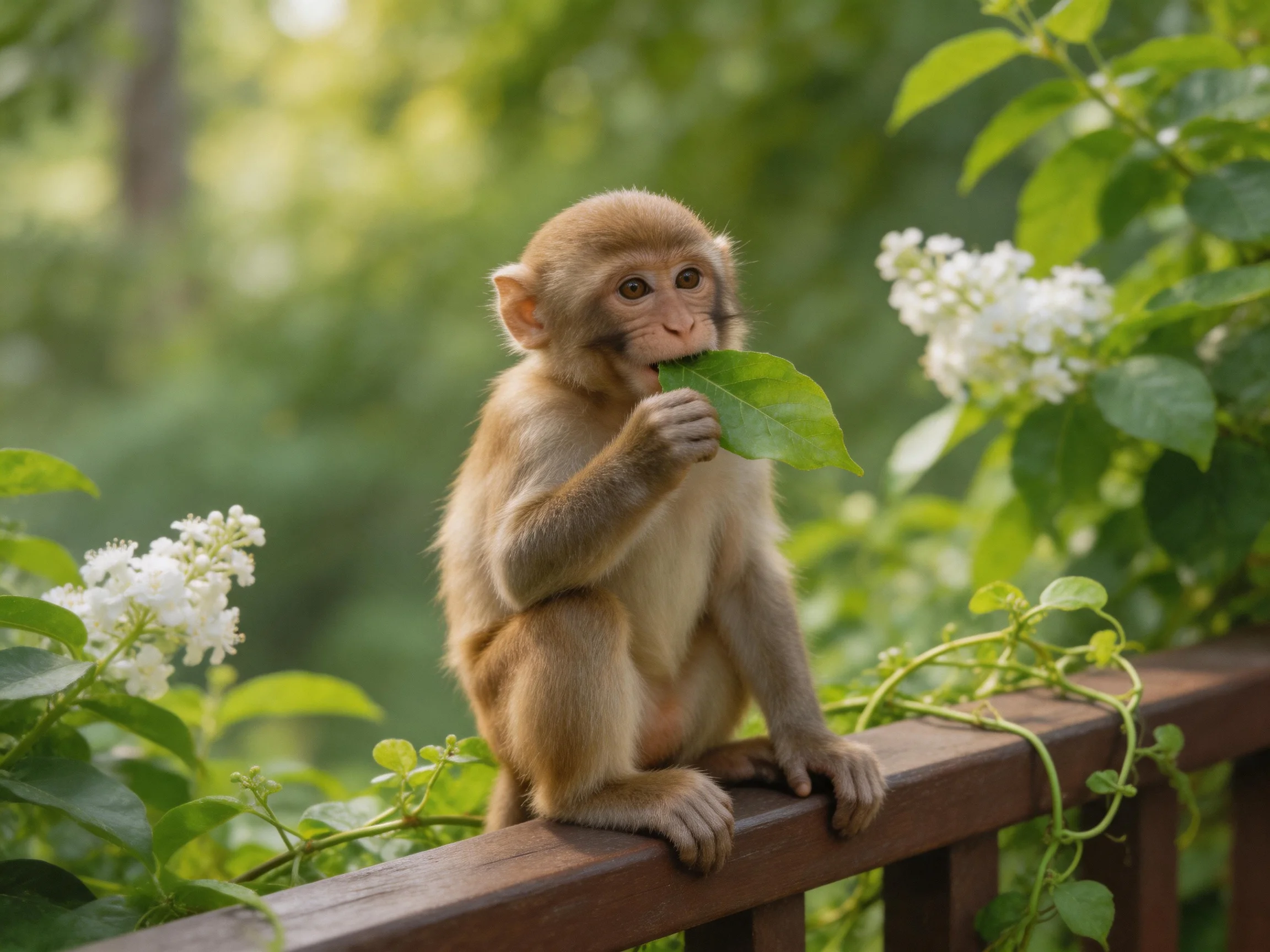 A young brown monkey eats a leaf atop a wooden railing amid lush greenery