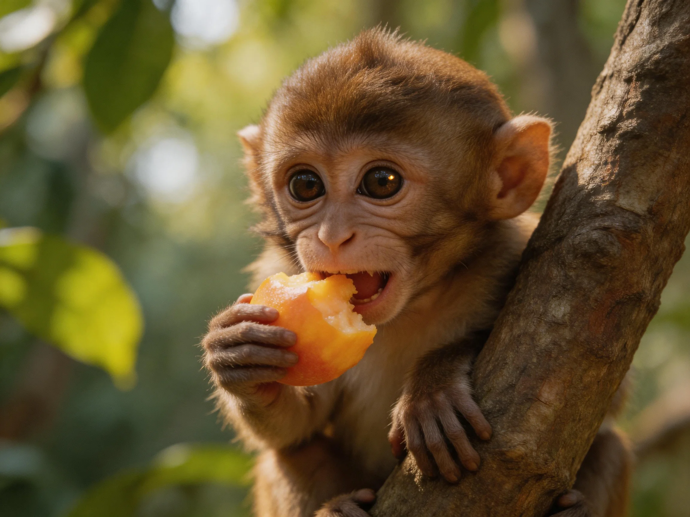 A young brown monkey eats an orange fruit while clinging to a tree branch