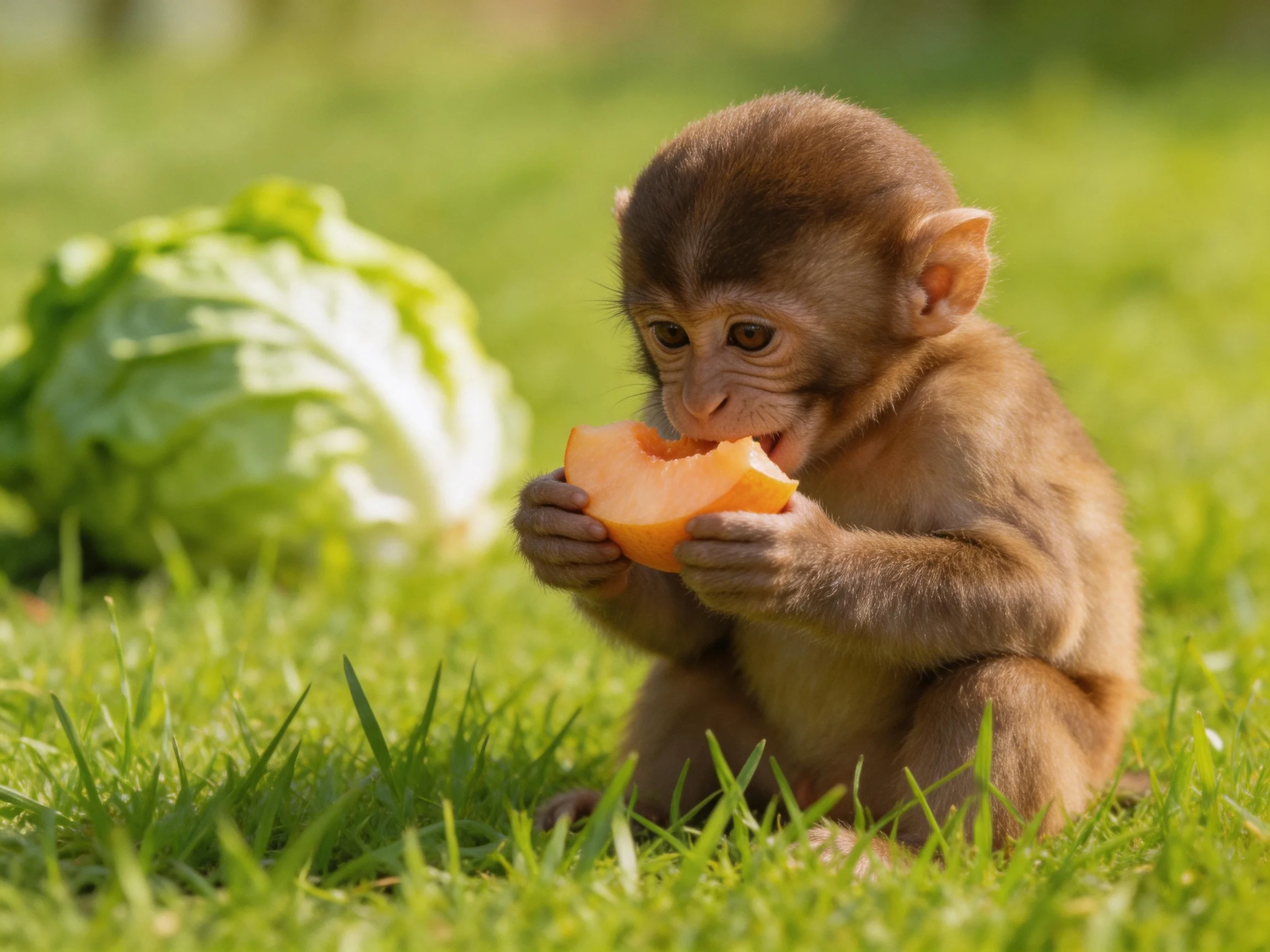 A young brown monkey eats an orange slice amid green grass and cabbage