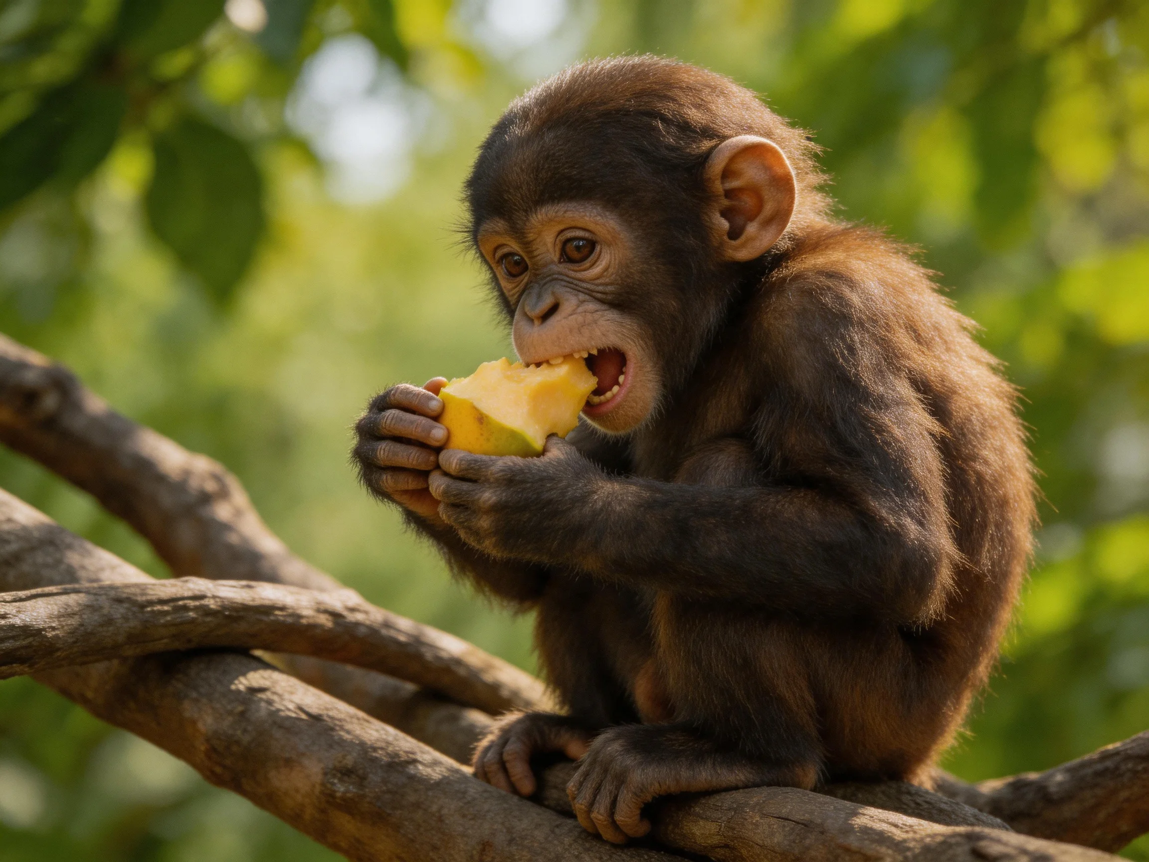 A young brown monkey eats yellow fruit on a gnarled tree branch