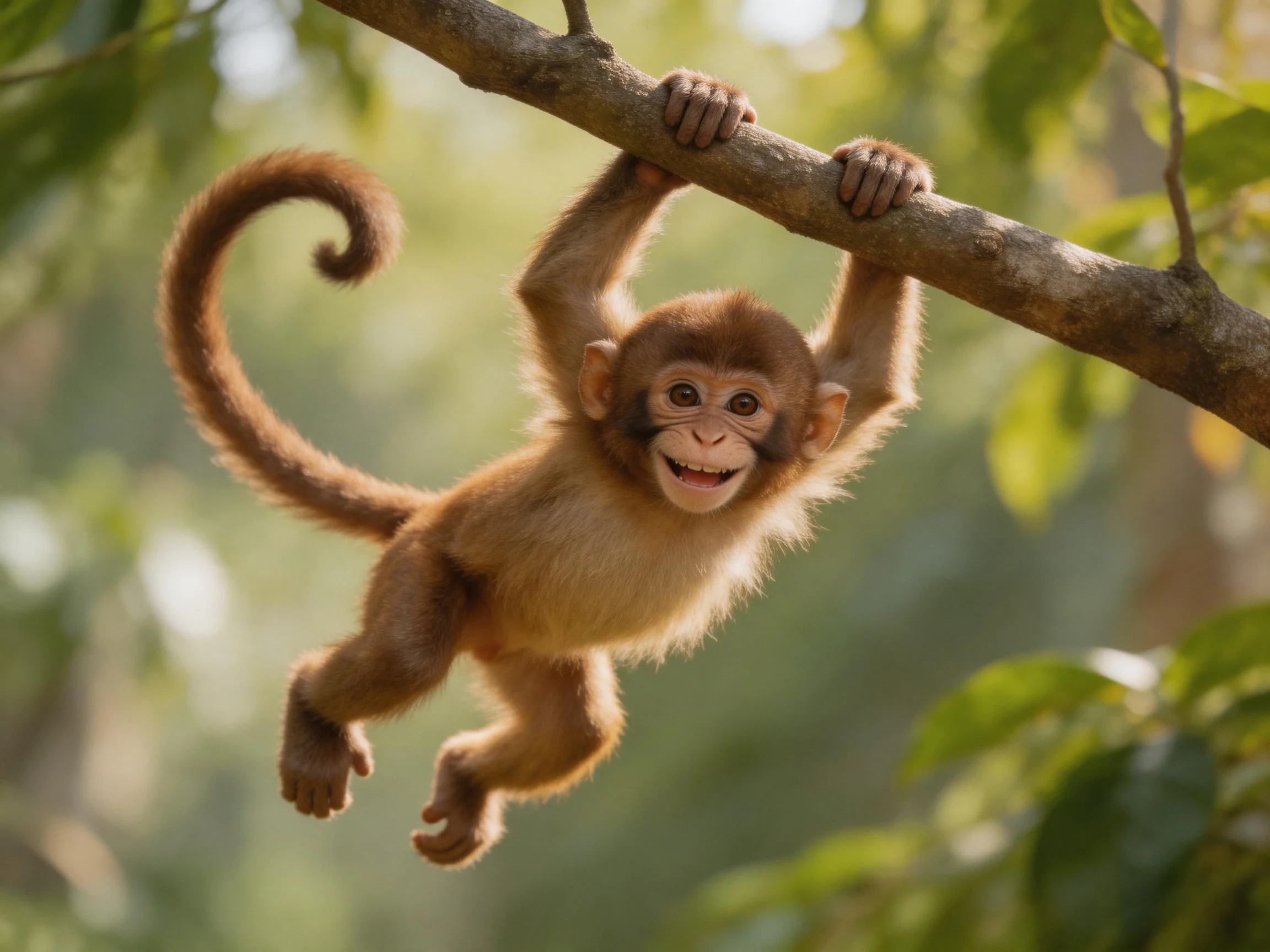 A young brown monkey hangs from a thick tree branch in lush greenery
