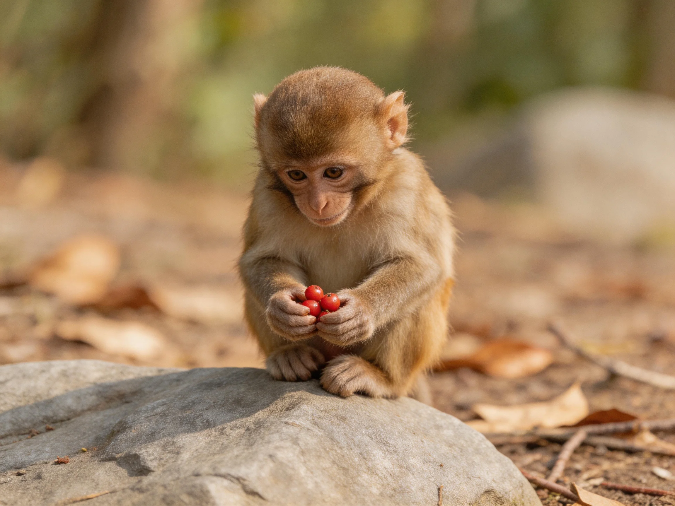A young brown monkey holding bright red berries on a rock