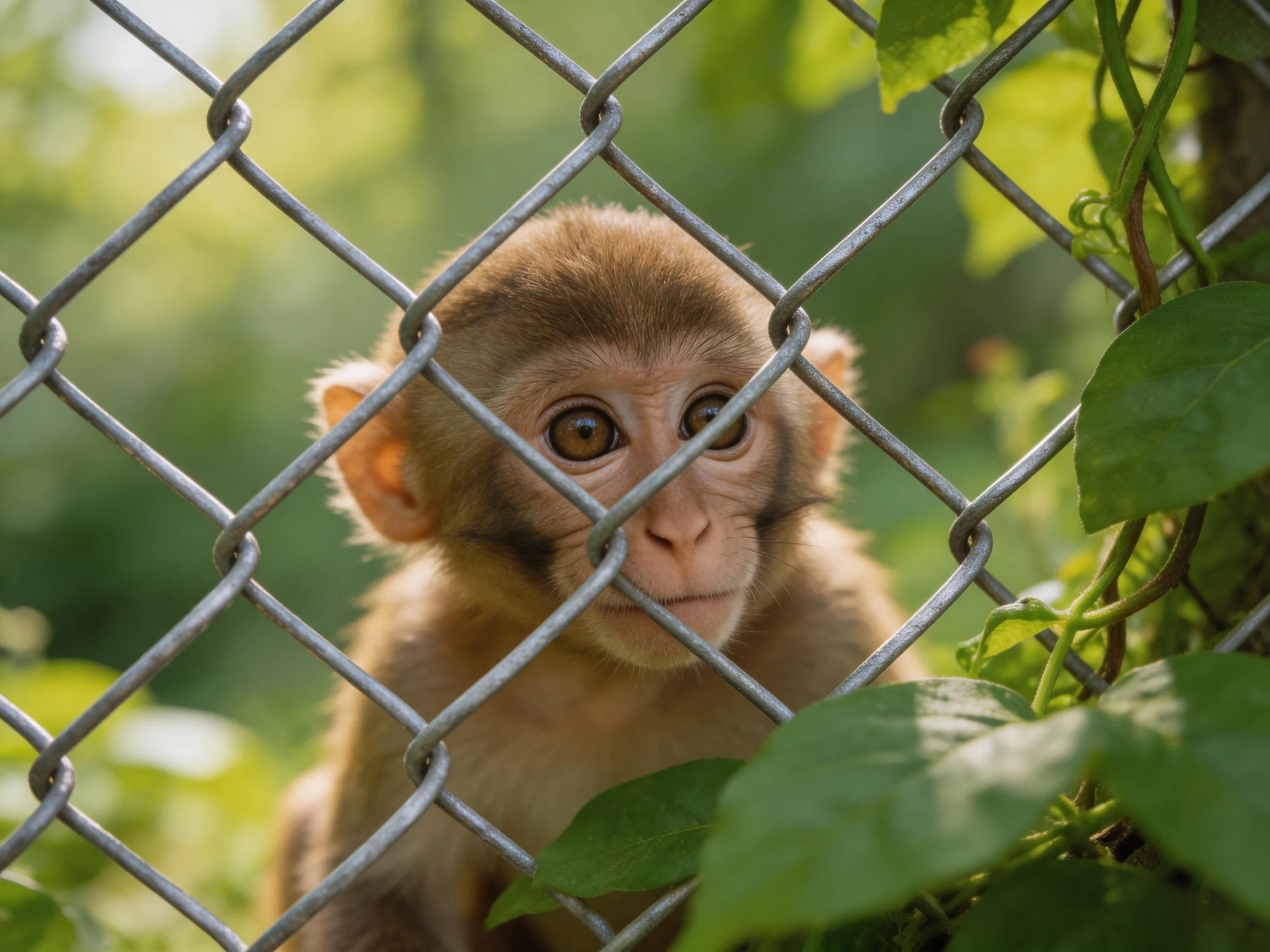 A young brown monkey peering through a silver chain-link fence amid green foliage