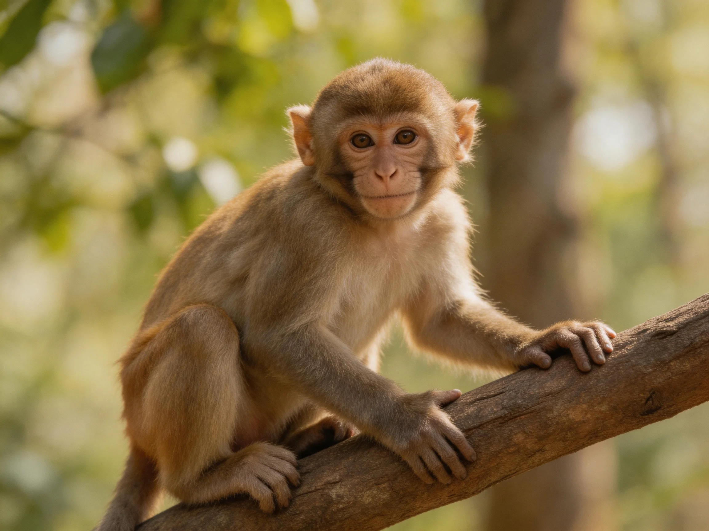 A young brown monkey perched on a thick tree branch