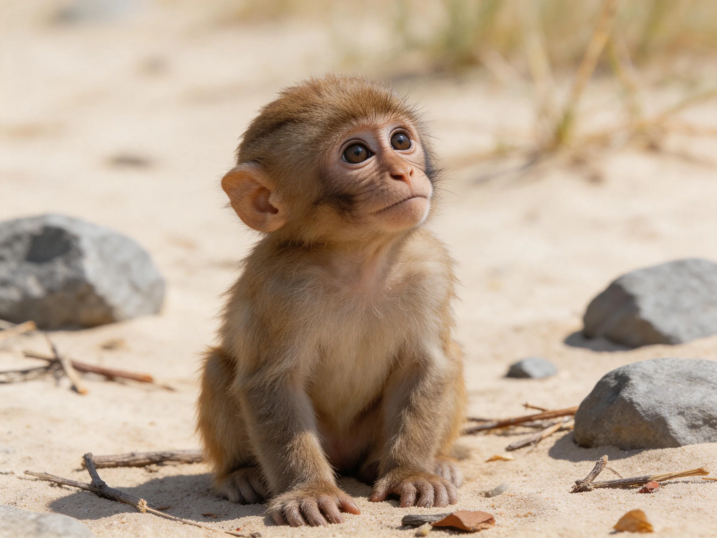 A young brown monkey sits amid scattered rocks on sandy ground