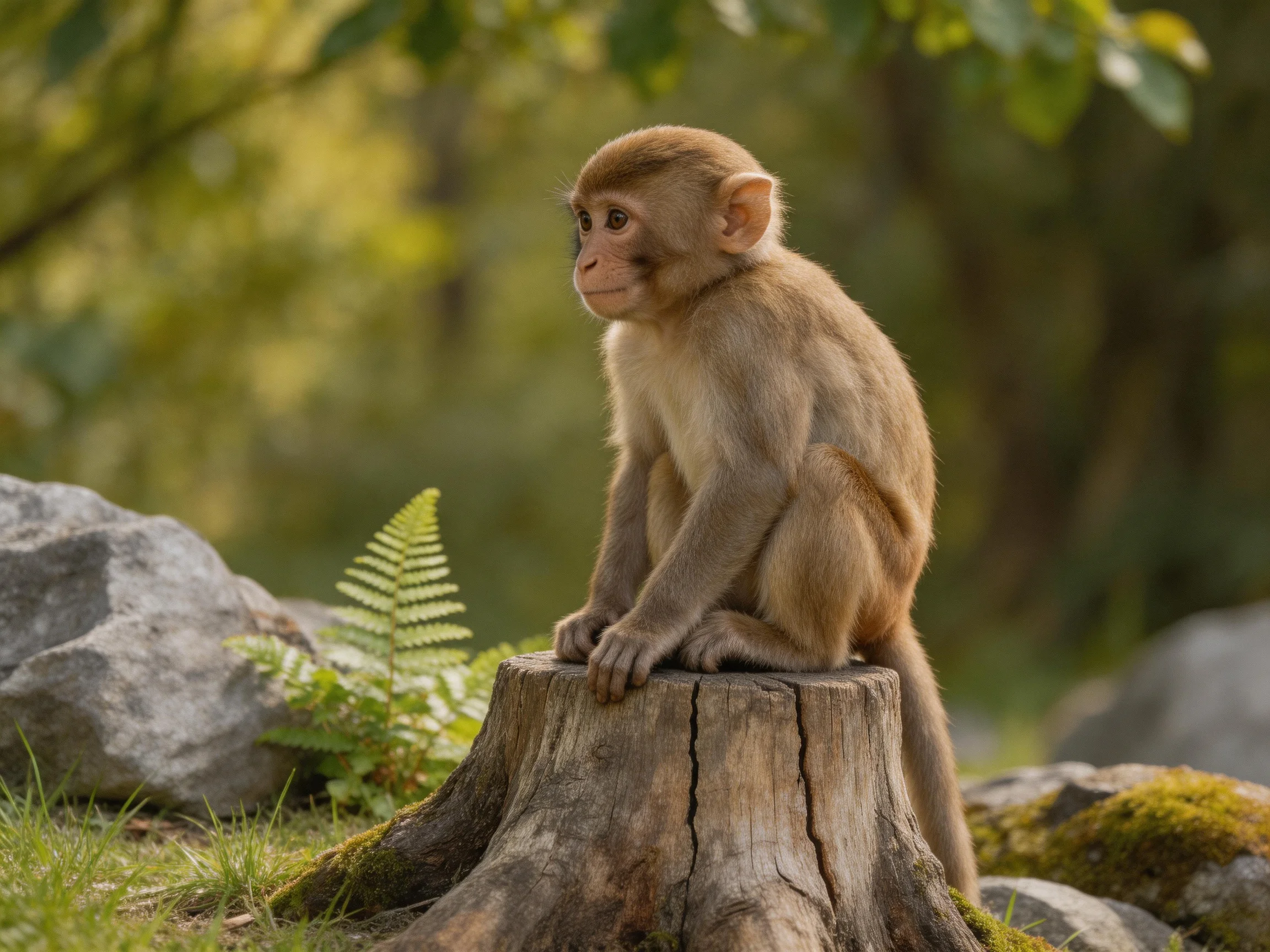 A young brown monkey sits atop a weathered tree stump in a verdant forest