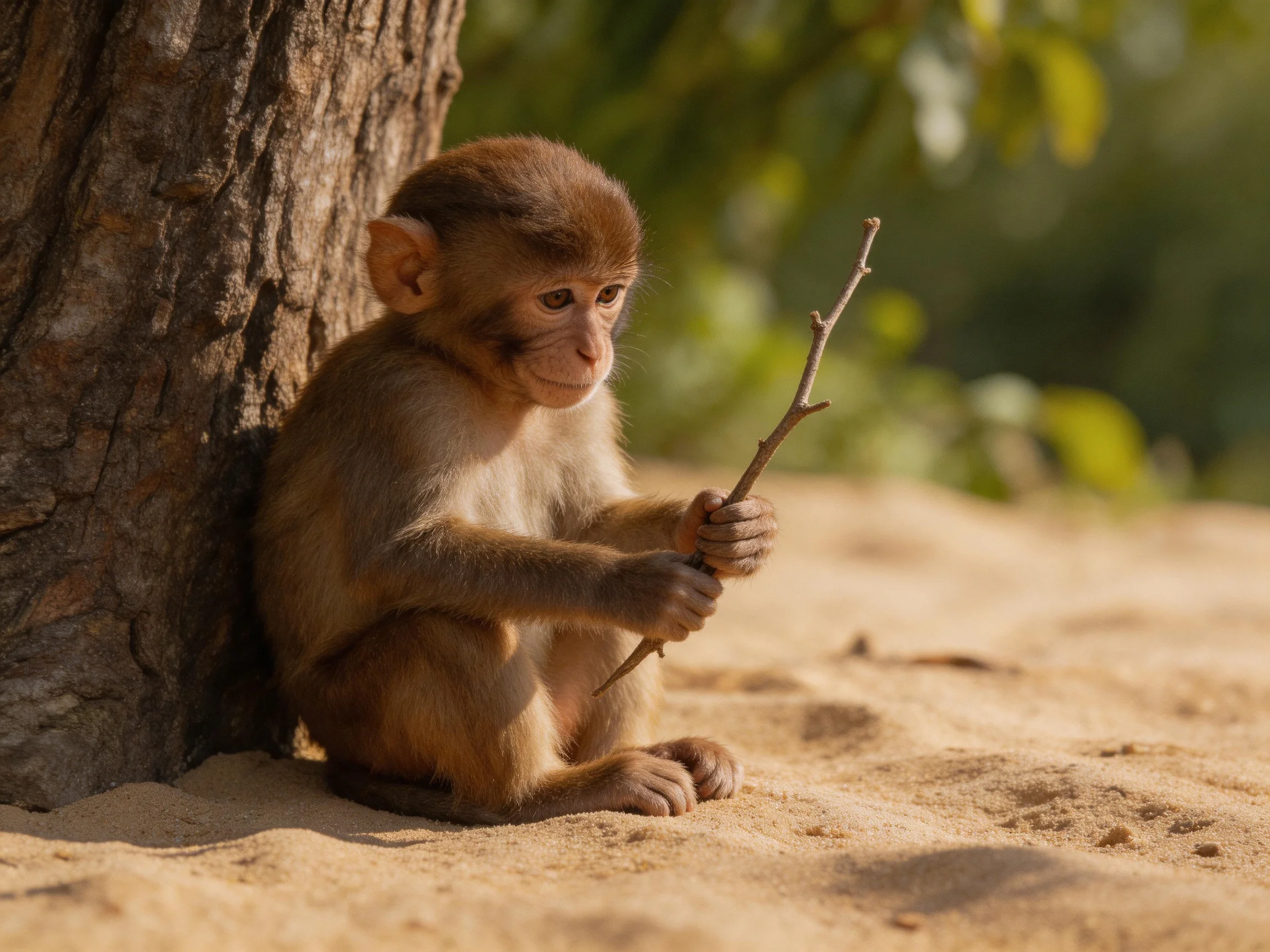 A young brown monkey sits by a tree with a thin branch