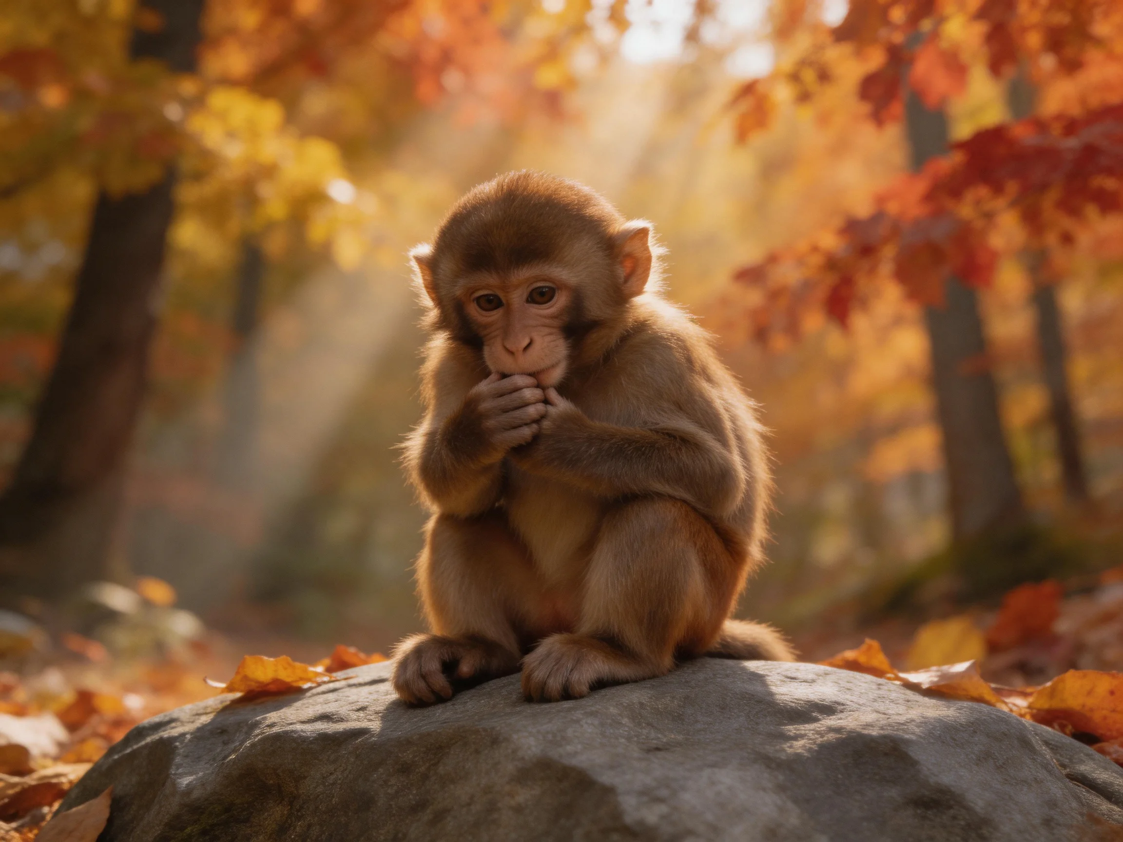 A young brown monkey sits on a rock amid autumn-colored foliage