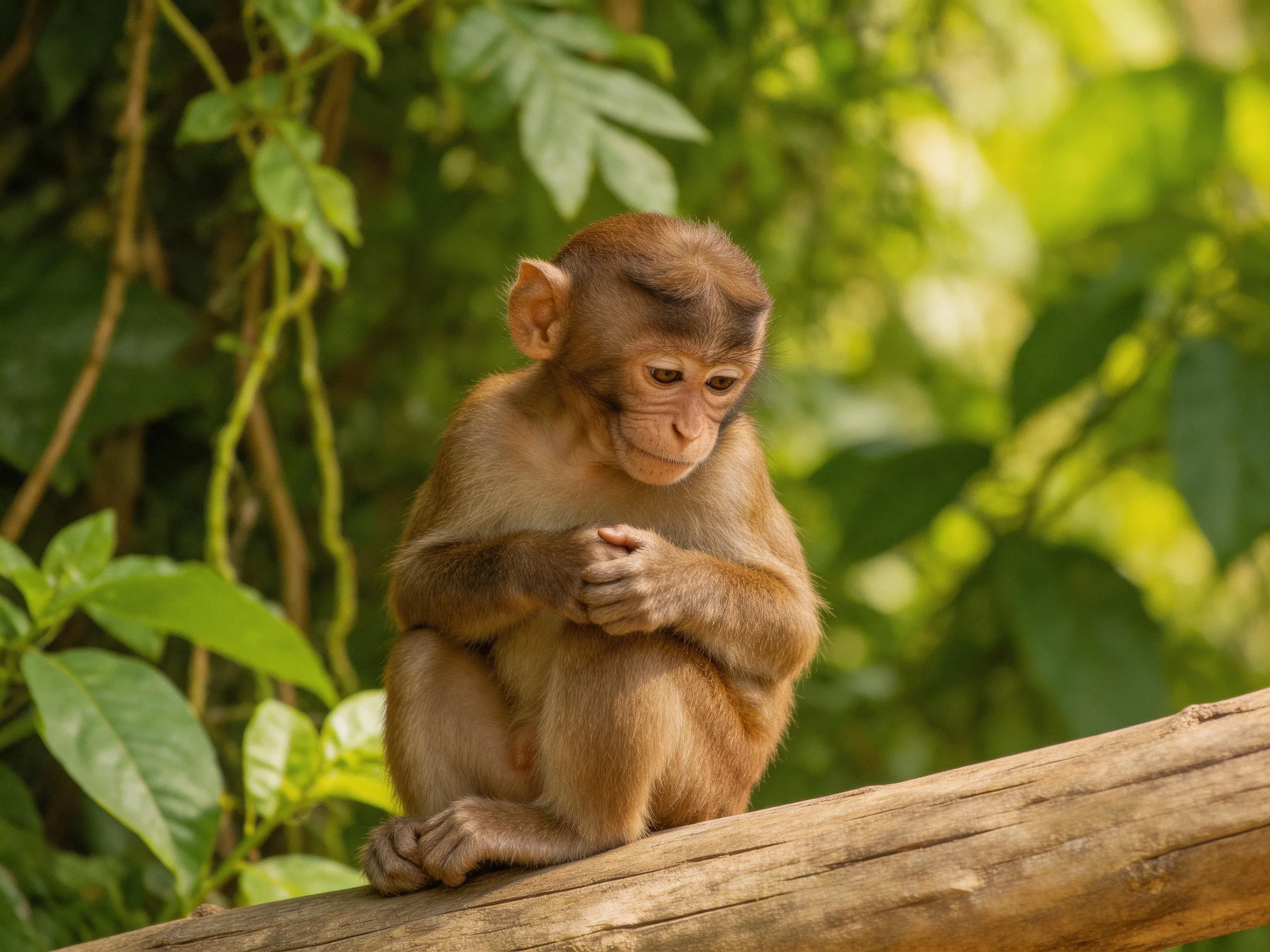 A young brown monkey sits on a weathered wooden log amid lush greenery