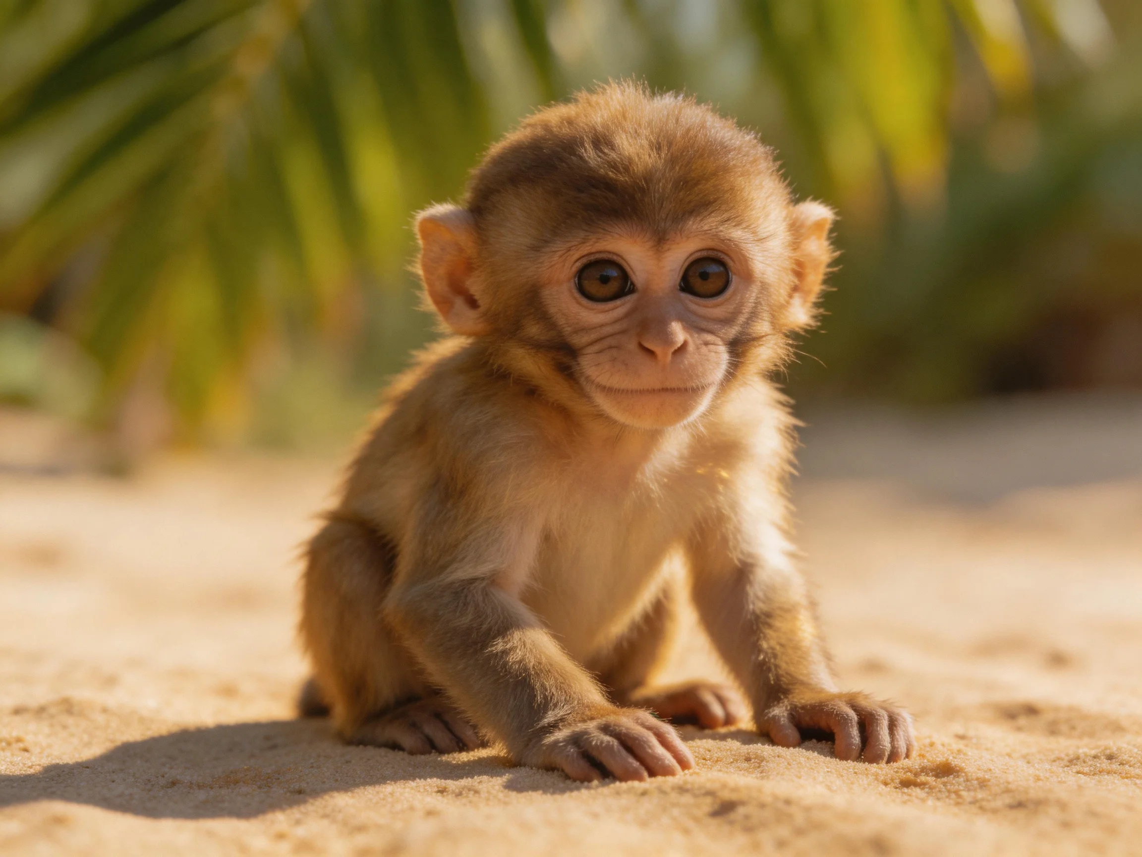 A young brown monkey sits on sandy terrain near green palm fronds