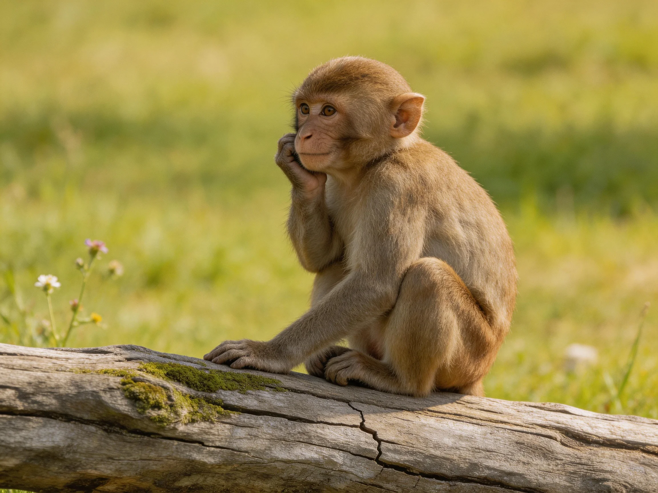 A young brown monkey sits thoughtfully on a moss-covered wooden log