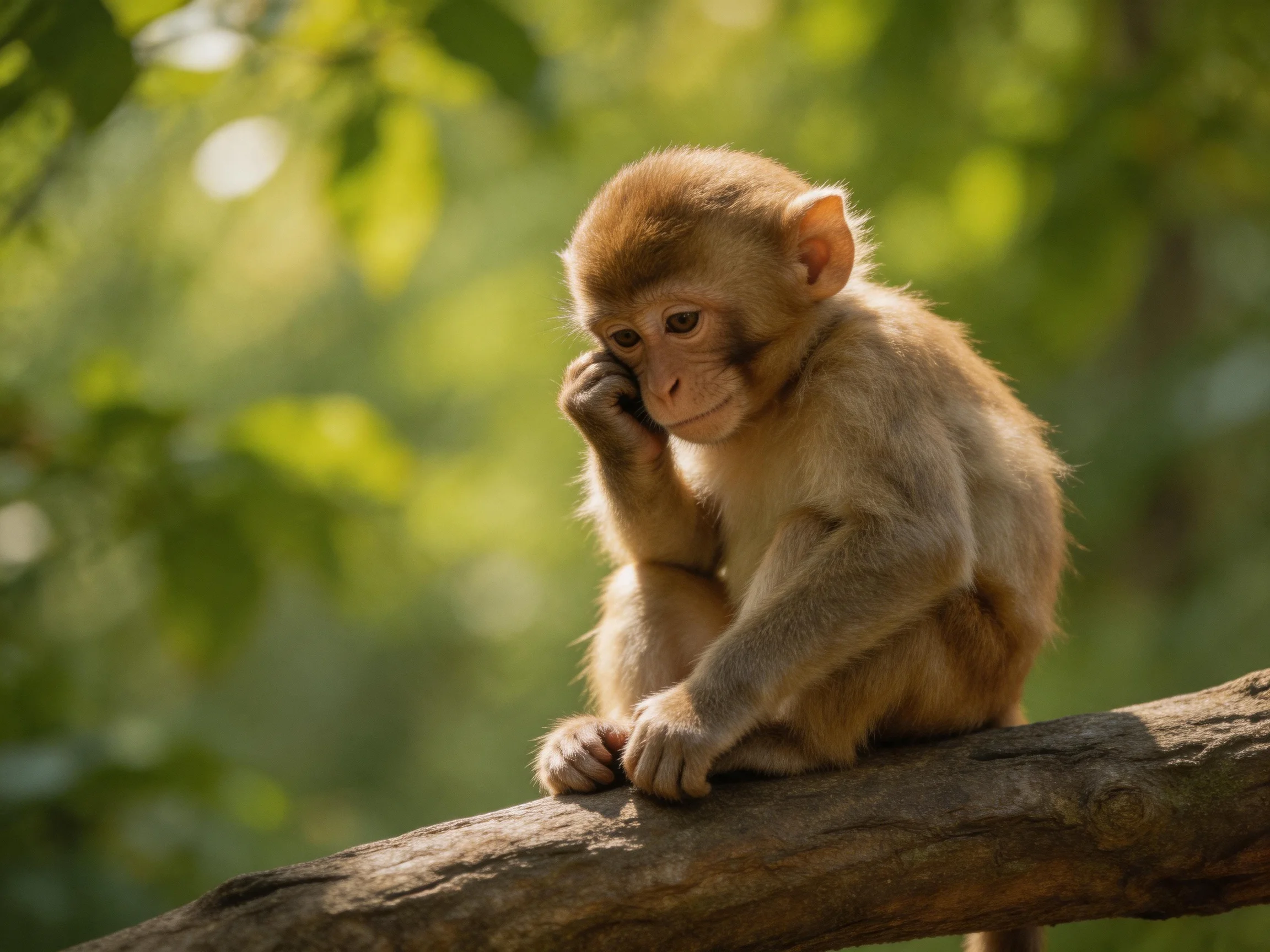 A young brown monkey sits thoughtfully on a tree branch