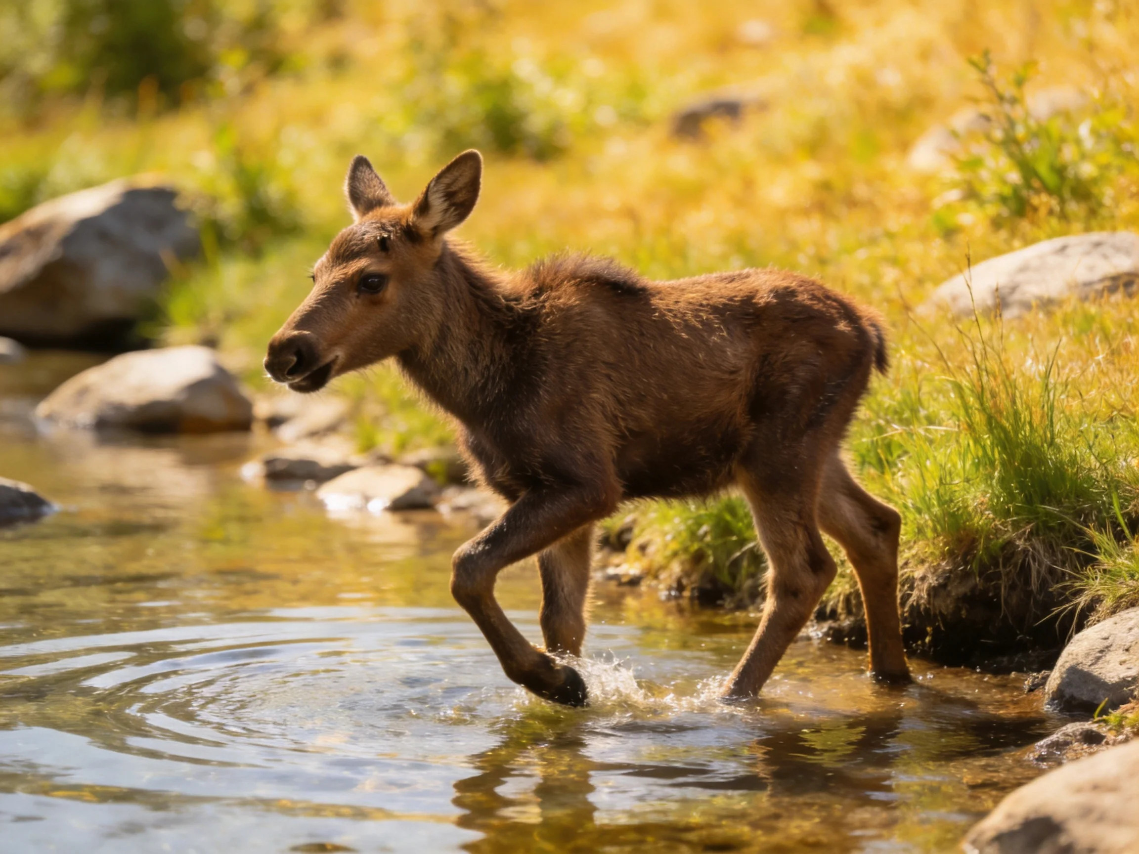 A young brown moose calf wades through a shallow stream