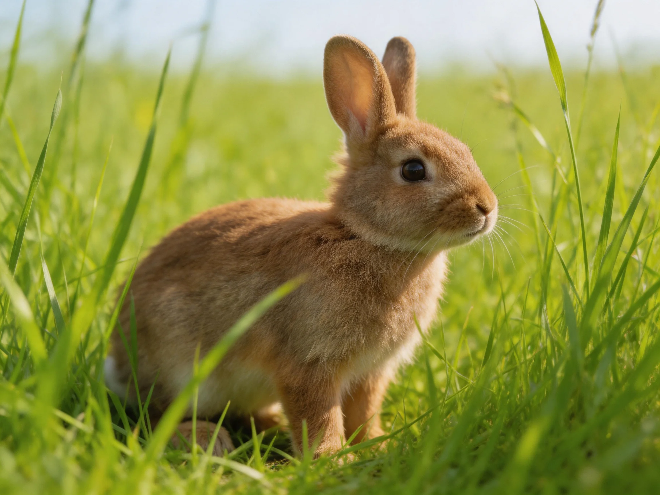 A young brown rabbit sitting amid lush green grass