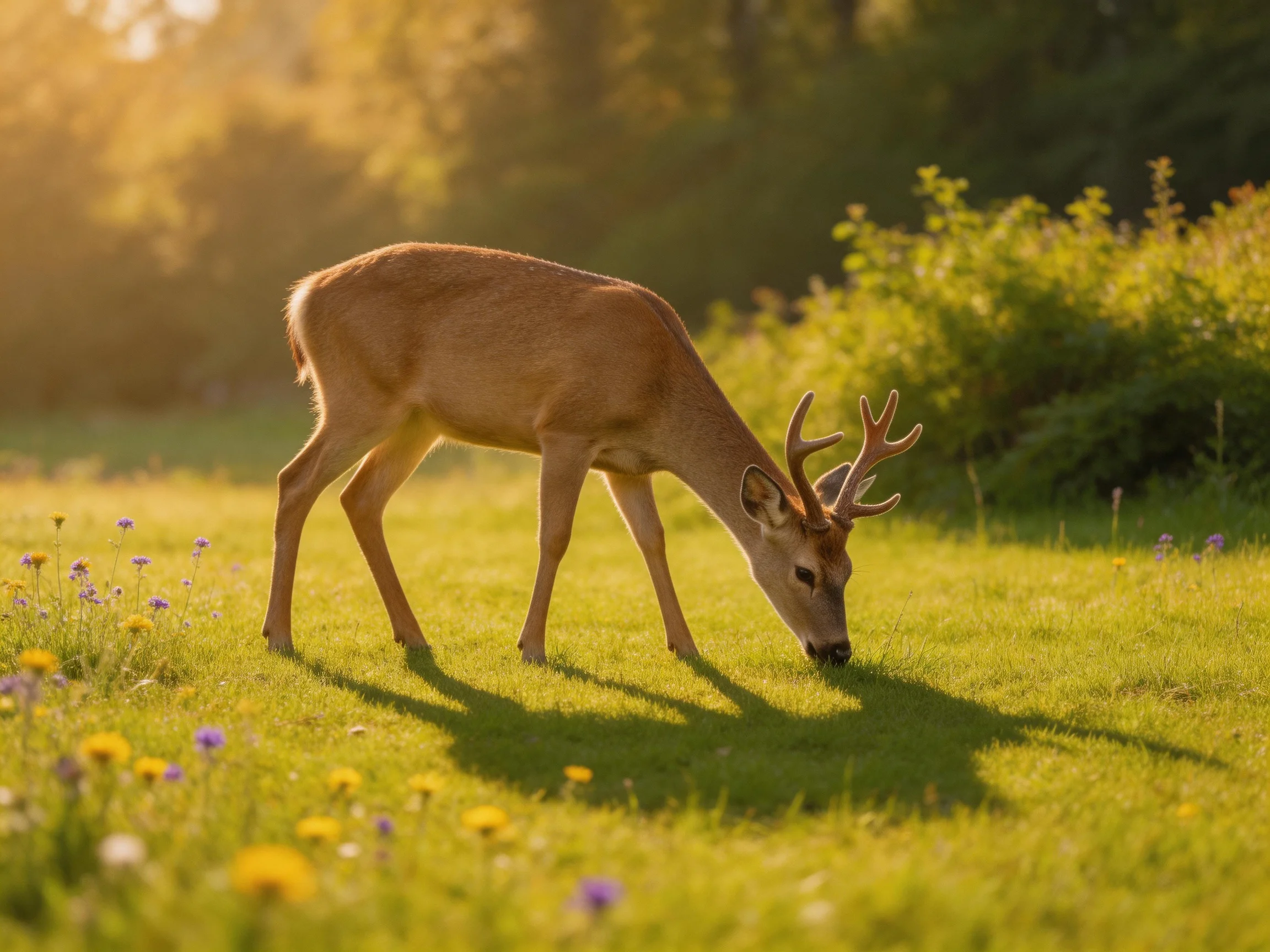 A young buck grazing in a sunlit wildflower meadow