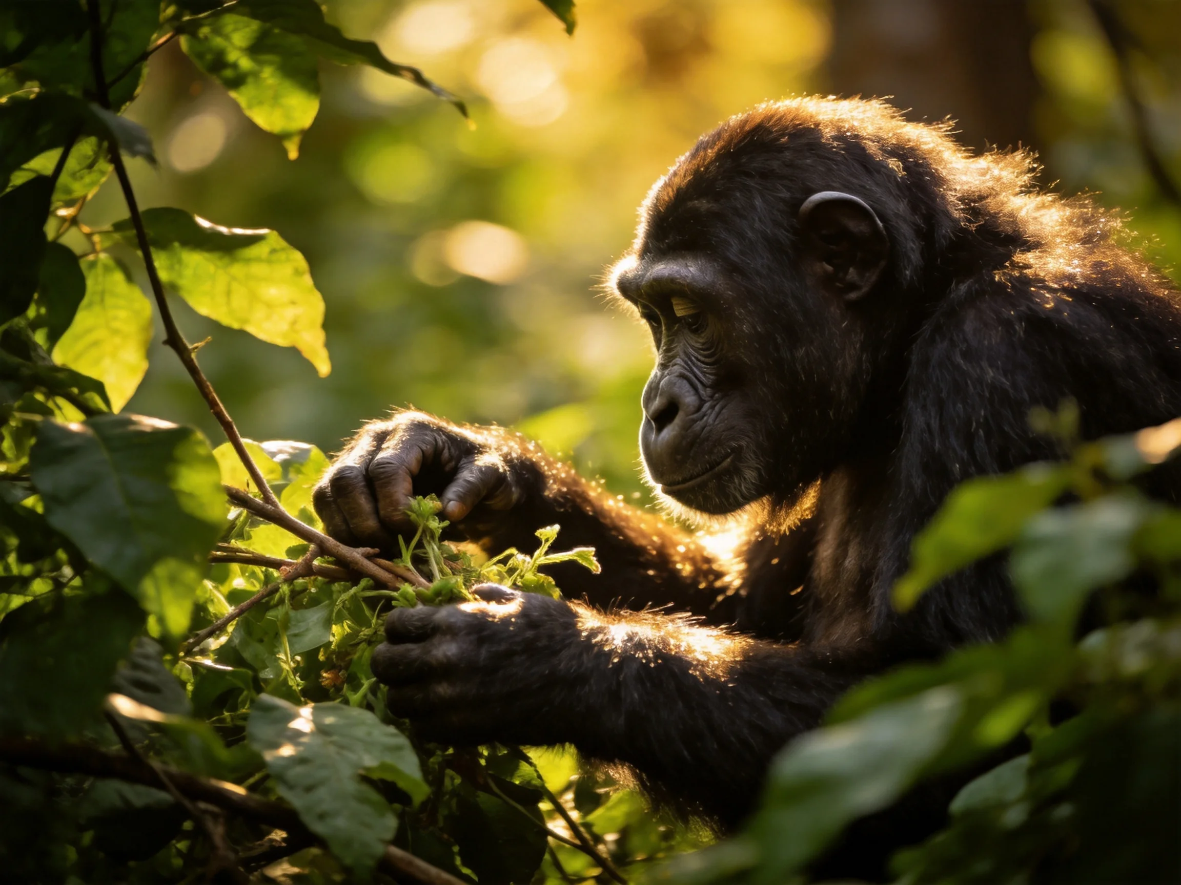 A young chimpanzee interacts with lush green foliage in golden sunlight