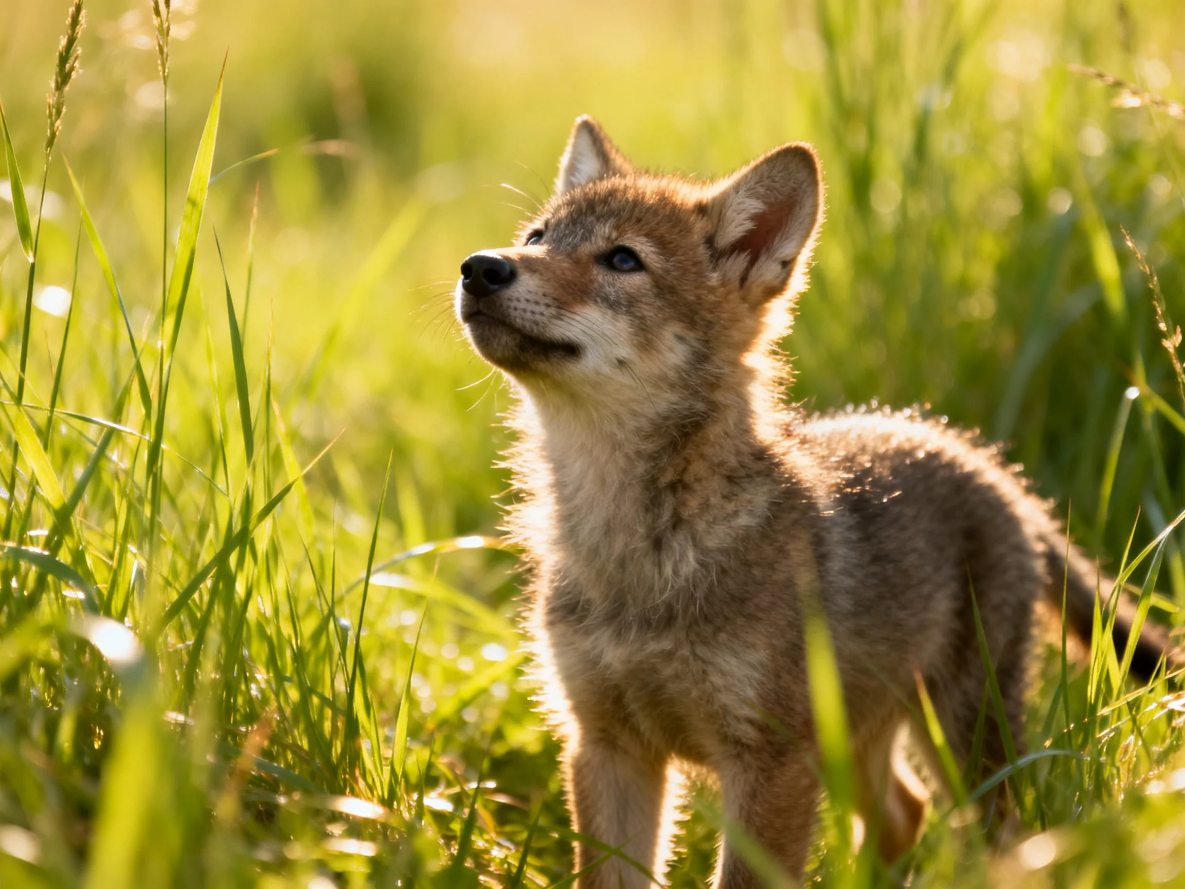 A young coyote pup in sunlit tall green grass