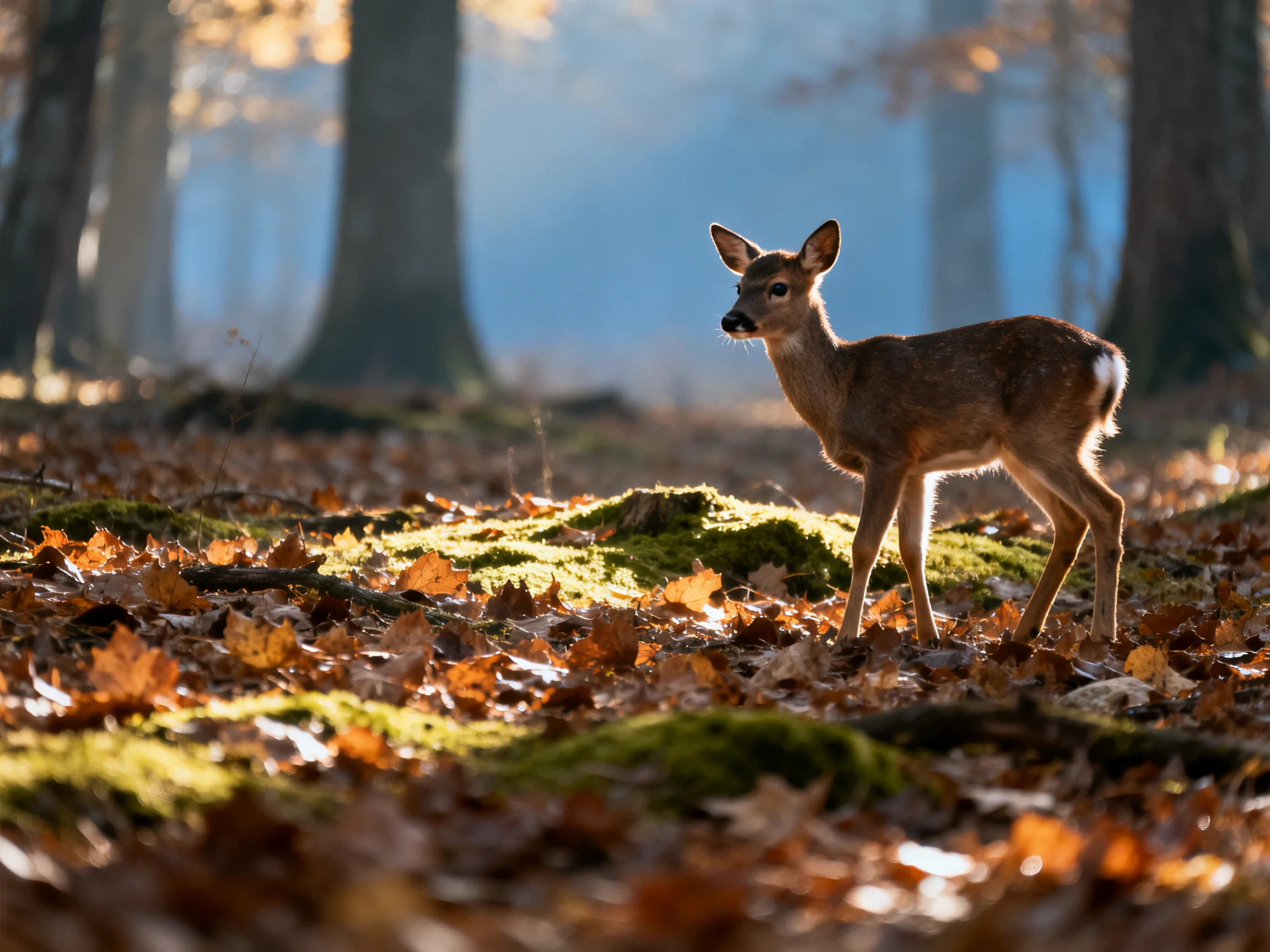 A young deer amid autumn leaves and moss in a sunlit forest