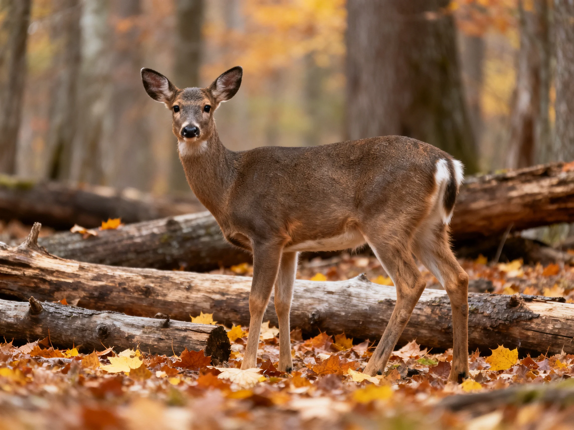 A young deer amid fallen logs and autumn foliage