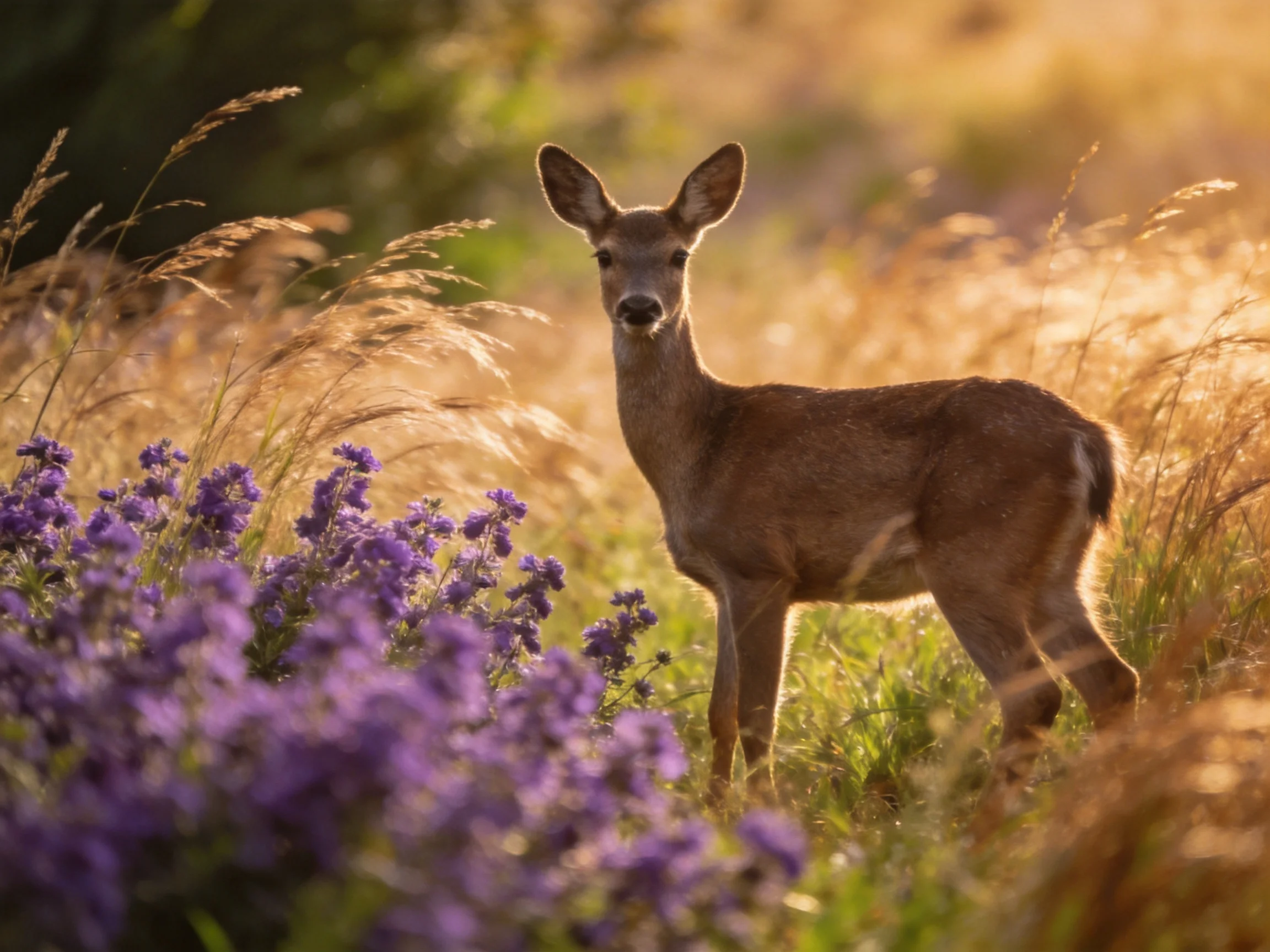 A young deer stands in a sunlit meadow with tall grasses and purple flowers.